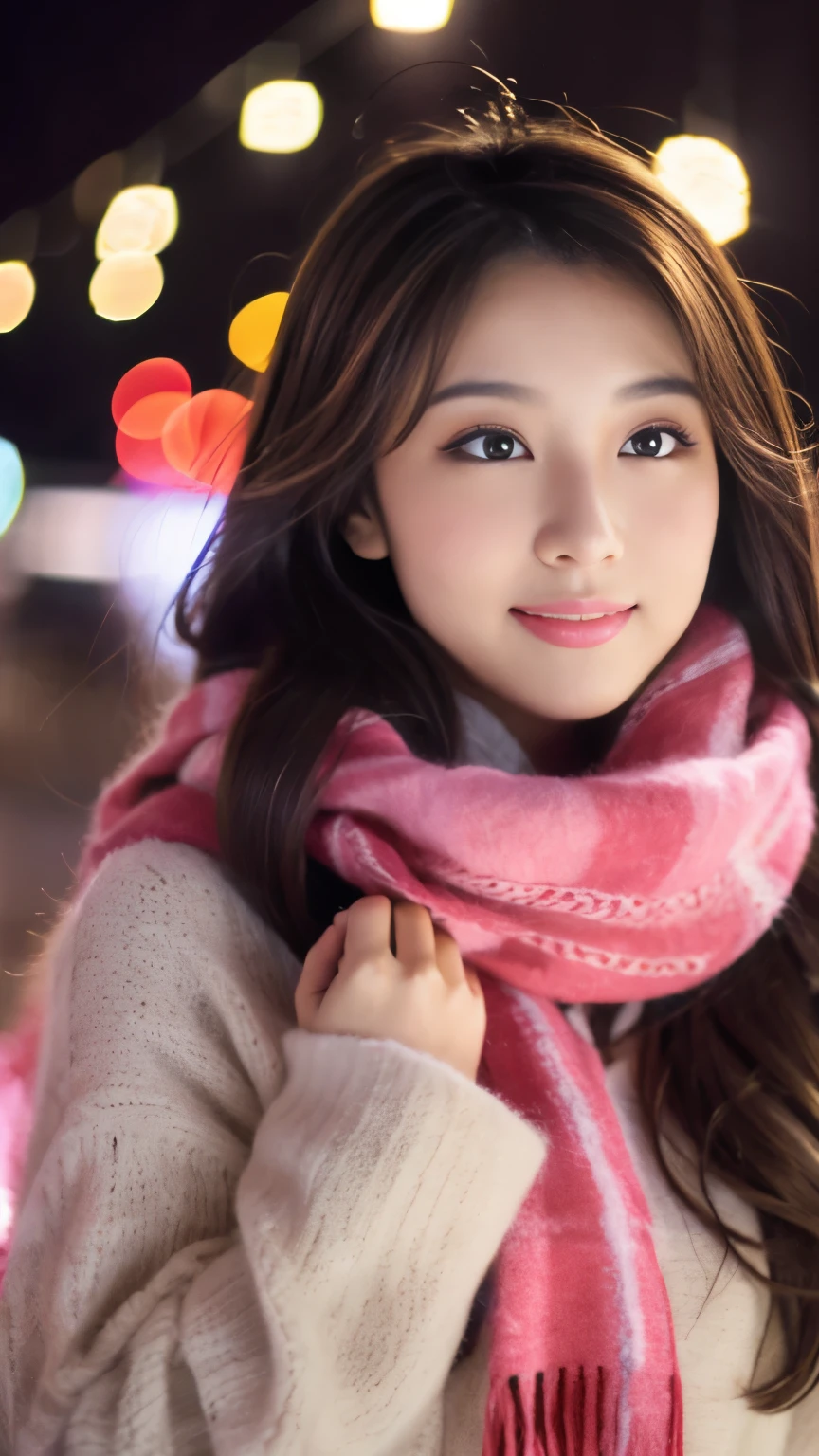 1 girl, blowing a kiss, beautiful eyes,  closed mouth, chestnut hair，long hair, looking at the viewer, compensate, night , pink lips, realistic, red lips, red scarf, scarf, sign, smile, alone, null間, spoken ，star (null), starry null, Full-body high-definition images，