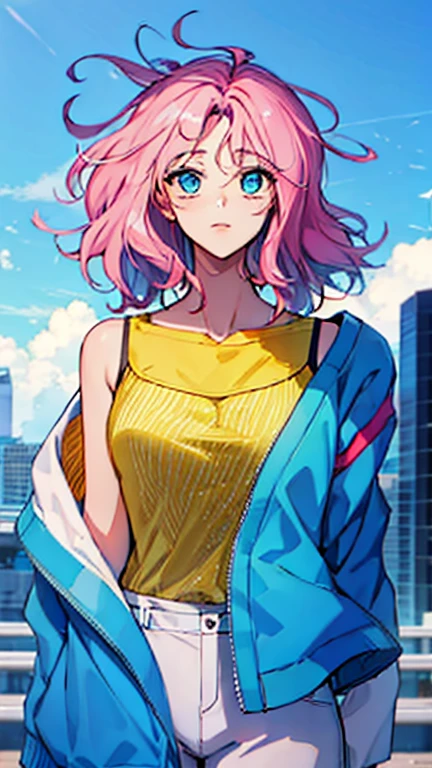 Transform sketch to 3d Anime,with pink hair, yellow shirt,blue jacket,with city background 