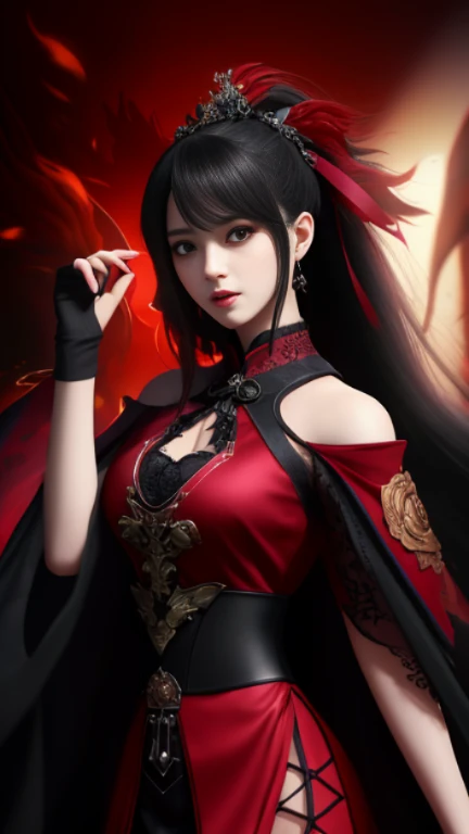 Best Quality, masutepiece, hight resolution, 1girl in, Hanfu, white and even teeth, Red irises, chinese underwear, Hair ornaments, Necklace, Jewelry, crown jewelry. Pretty Face, Upper body, Magic Import Style, Tindall Effect, photographrealistic, Dark Studio, border light, two tone light, (High Detail Skin: 1.2), 8K UHD, Digital SLR , Soft light, High quality, Volumetric Lights, Candid, Photo , High resolution, 4K, 8K, Bokeh, (Light pink lips), 1 beautiful demon from hell, In the Dark: 1.6), Surreal portraits of women by David Hockney and Alphonse Mucha, Fantasy Art, Photorealism, Dynamic lighting, station art, poster for, Volumetric lighting, extra detailed face , Super 8K, Awarded, In the Dark, deepshadow, low illuminance, cowboy lens, (Red Phoenix Shirt: 1.4), Long hair, Black hair, Bust, luxury palace, Royal style family, devil's crown, Red eyes with very sharp and detailed makeup, best faces, Very round and tight breasts, Surreal, chinese women's clothes, turtleneck polo lace top, Charming smile, Beautiful eye makeup, guweiz, devil style, Black lace stockings, ponytail with a bow at the back, dark red lips, Demons tattoo on shoulder, wearing a nightgown thin lace deep slit chest red black, lace cape, overcast and thundering landscape, (Portrait), Protagonist Close-up, (Background detail 1.8),