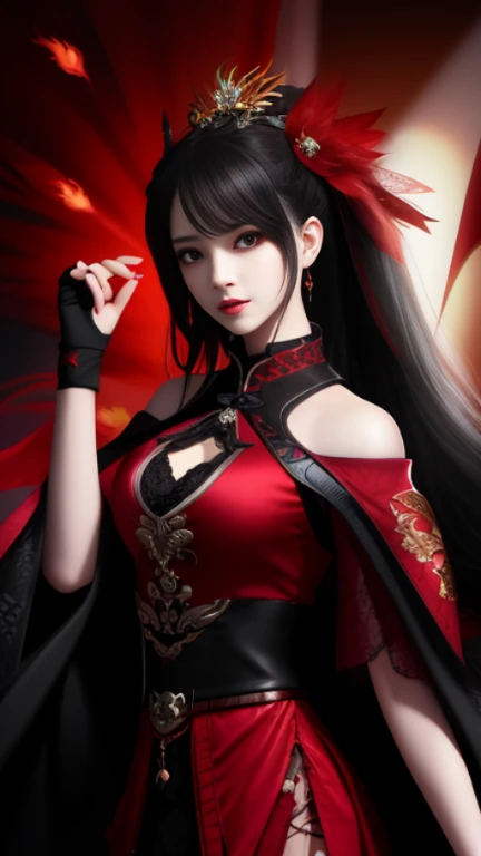 Best Quality, masutepiece, hight resolution, 1girl in, Hanfu, white and even teeth, Red irises, chinese underwear, Hair ornaments, Necklace, Jewelry, crown jewelry. Pretty Face, Upper body, Magic Import Style, Tindall Effect, photographrealistic, Dark Studio, border light, two tone light, (High Detail Skin: 1.2), 8K UHD, Digital SLR , Soft light, High quality, Volumetric Lights, Candid, Photo , High resolution, 4K, 8K, Bokeh, (Light pink lips), 1 beautiful demon from hell, In the Dark: 1.6), Surreal portraits of women by David Hockney and Alphonse Mucha, Fantasy Art, Photorealism, Dynamic lighting, station art, poster for, Volumetric lighting, extra detailed face , Super 8K, Awarded, In the Dark, deepshadow, low illuminance, cowboy lens, (Red Phoenix Shirt: 1.4), Long hair, Black hair, Bust, luxury palace, Royal style family, devil's crown, Red eyes with very sharp and detailed makeup, best faces, Very round and tight breasts, Surreal, chinese women's clothes, turtleneck polo lace top, Charming smile, Beautiful eye makeup, guweiz, devil style, Black lace stockings, ponytail with a bow at the back, dark red lips, Demons tattoo on shoulder, wearing a nightgown thin lace deep slit chest red black, lace cape, overcast and thundering landscape, (Portrait), Protagonist Close-up, (Background detail 1.8),