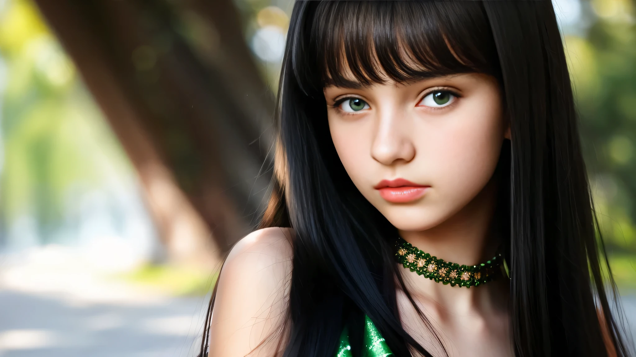 15-year-old Russian girl, small and delicate body, long black hair and green eyes、Natural skin texture, Hyper-realism, dreamy girl