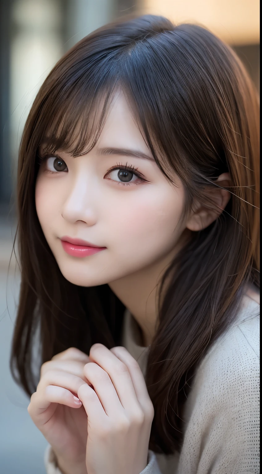 masutepiece, Best Quality, Illustration, Ultra-detailed, finely detail, hight resolution, 8K Wallpaper, Perfect dynamic composition, Beautiful detailed eyes, Gorgeous black fluffy Tokyo winter clothes,random cute hair,small tits,Natural Color Lip, Bold sexy poses,Smile、20 years girl、Cute、Sexy shot looking at camera,常にBlur the background,Perfect and beautiful face,Take only the face,beautiful and detailed face、slim face and style,Big eyes、Do gal makeup,Blur the background,Blur the background,close-up of face