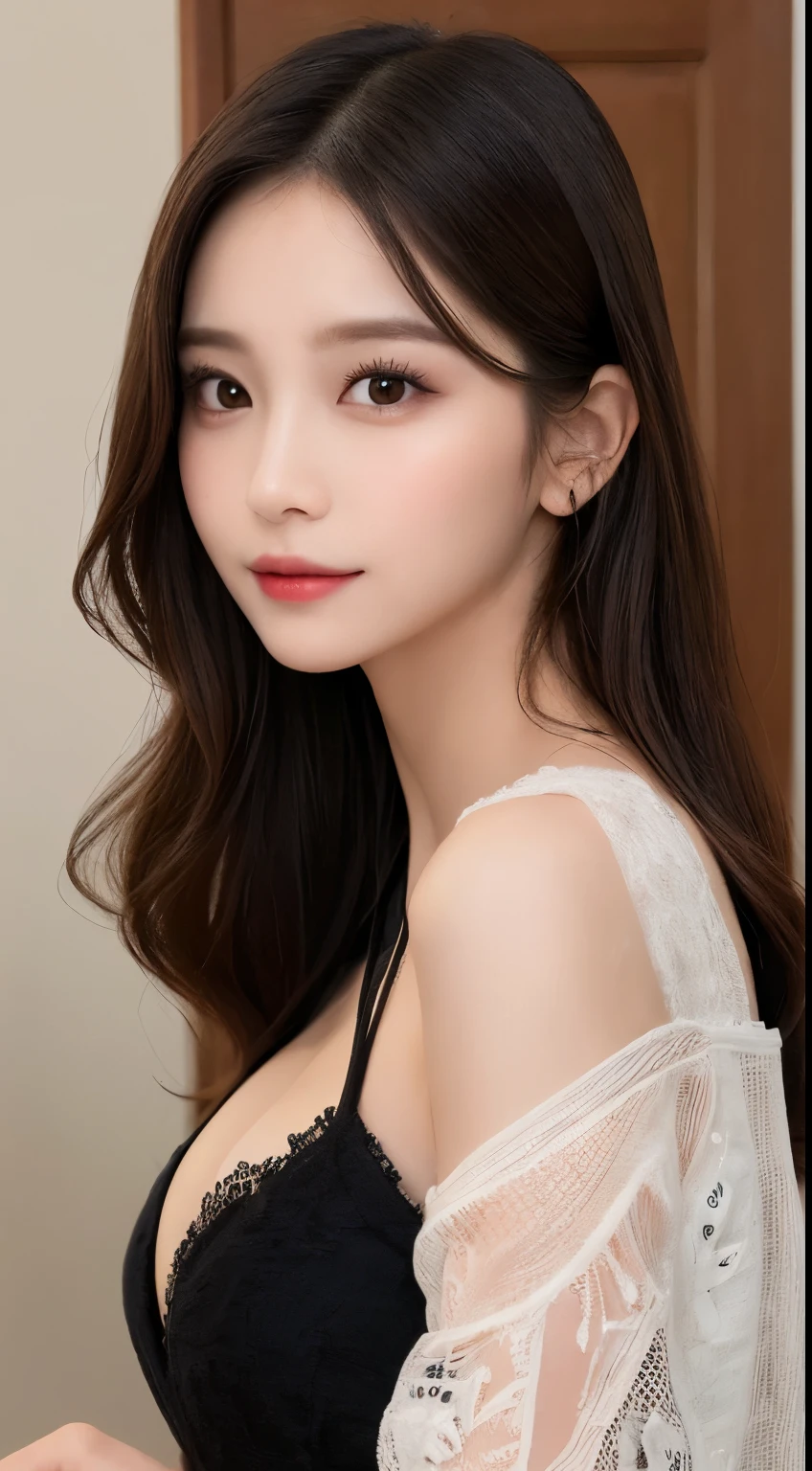 masutepiece, Best Quality, Illustration, Ultra-detailed, finely detail, hight resolution, 8K Wallpaper, Perfect dynamic composition, Beautiful detailed eyes, Gorgeous black fluffy Tokyo winter clothes,random cute hair,small tits,Natural Color Lip, Bold sexy poses,Smile、20 years girl、Cute、Sexy shot looking at camera,常にBlur the background,Perfect and beautiful face,Take only the face,beautiful and detailed face、slim face and style,Big eyes、Do gal makeup、Living room of luxury designer tower apartment、Blur the background、Cute hairstyles、pretty pose、Take a photo through the mirror,Blur the background,Blur the background