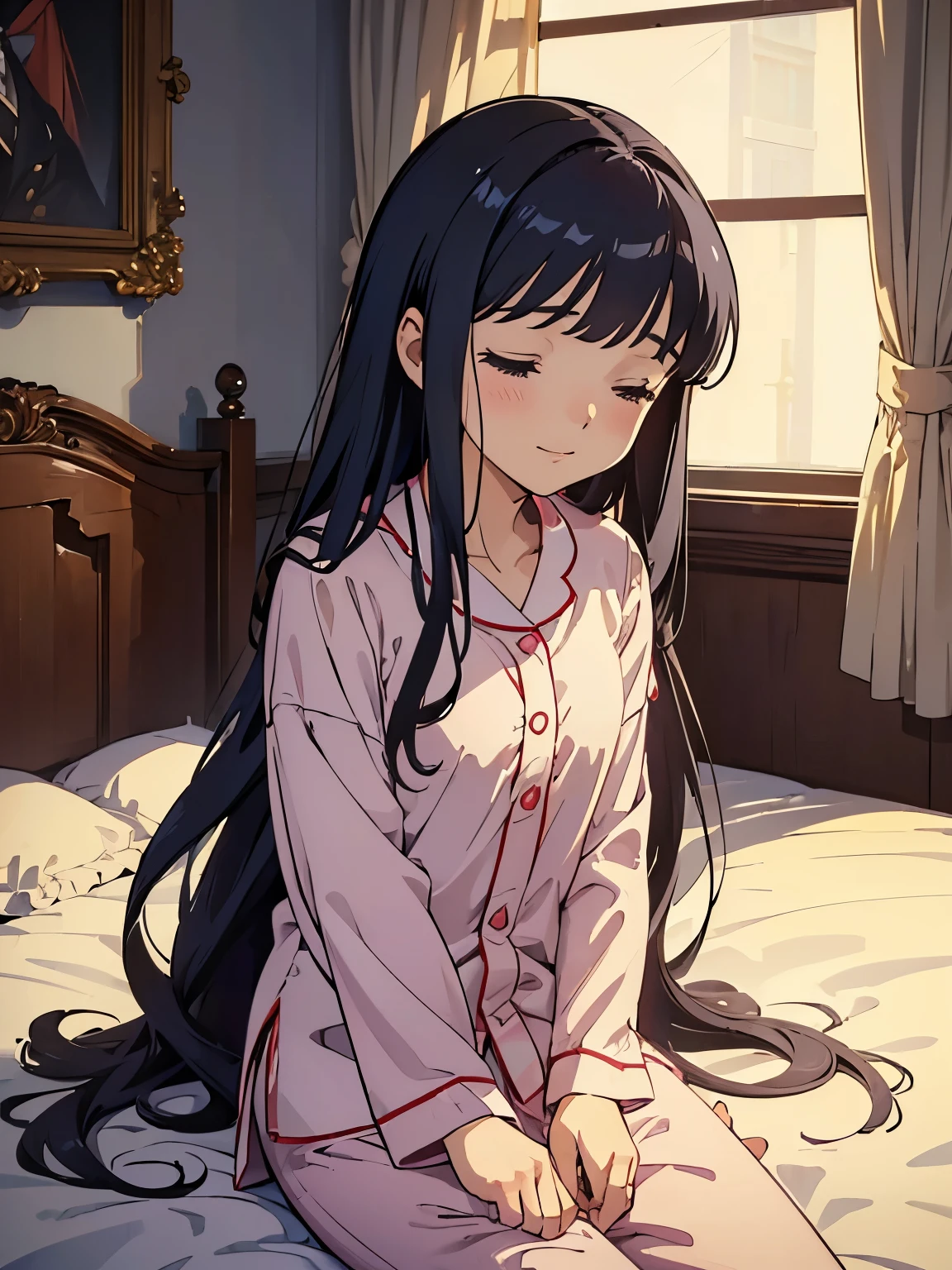 (((masterpiece)))( Background : inside a rich mansion : luxury room : night theme ) ( character : Tomoyo : long smooth hair : fit body : lolicon : small breast : innocent smile : sleeping on bed : wearing pajamas