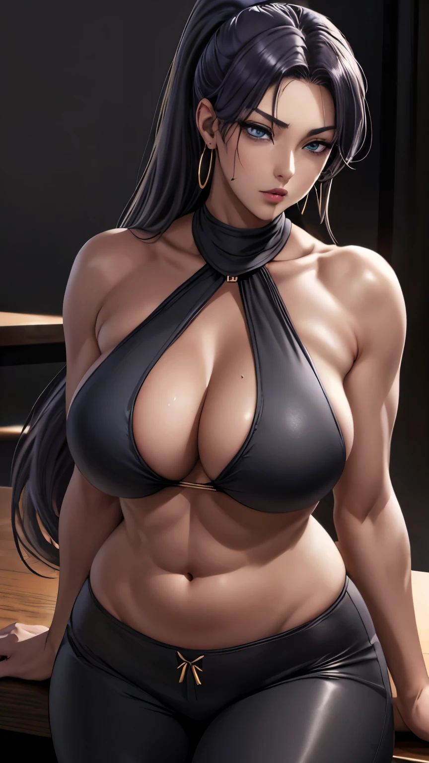 (table top, highest quality:1.2), 1 girl, alone,( dynamic angle,:1.1) mature, 100facehassan, destiny, (dark gray skin:1.2), blue eyes, long hair, purple hair, ponytail, big lips, blank expression, gold jewelry, big breasts, pants, Tight, belly button, abs, hoop earrings, halter neck, Dark background, background、realistic, Plump buttocks, slender body, Tightウエスト, from low behind 5meters, lingerie sweat