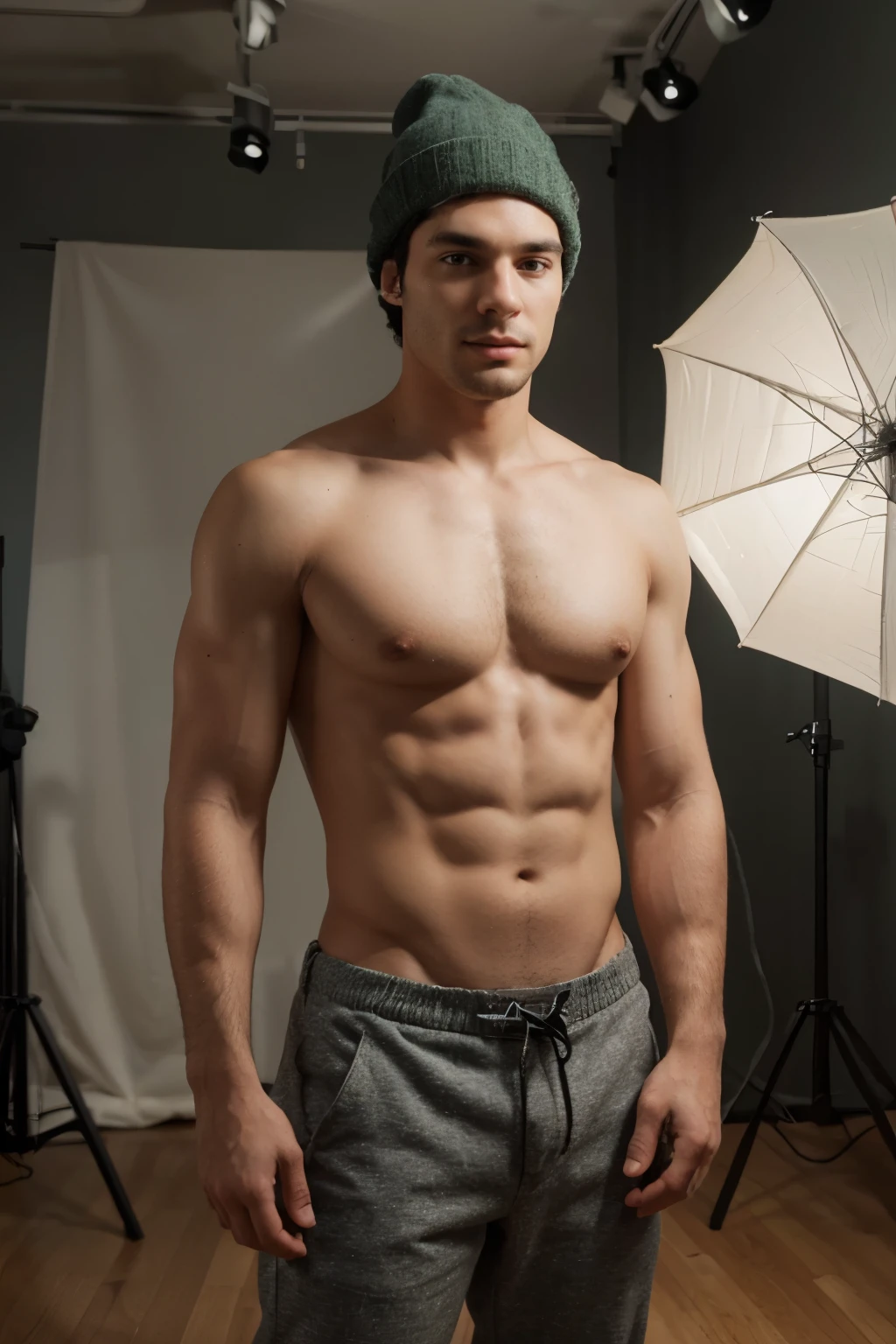 NSFW:: Generate a realistic photograph of Man:: Man is modeling a green pants, and a winter hat:: Man with shaved face:: wide shot:: photography studio:: professional lighting:: background is a light gray gradient:: using a digital single-lens reflex camera (DSLR) with slide film (ISO 50-200) and a prime lens (50mm) to capture the figure in a studio setting:: highlight details and textures.