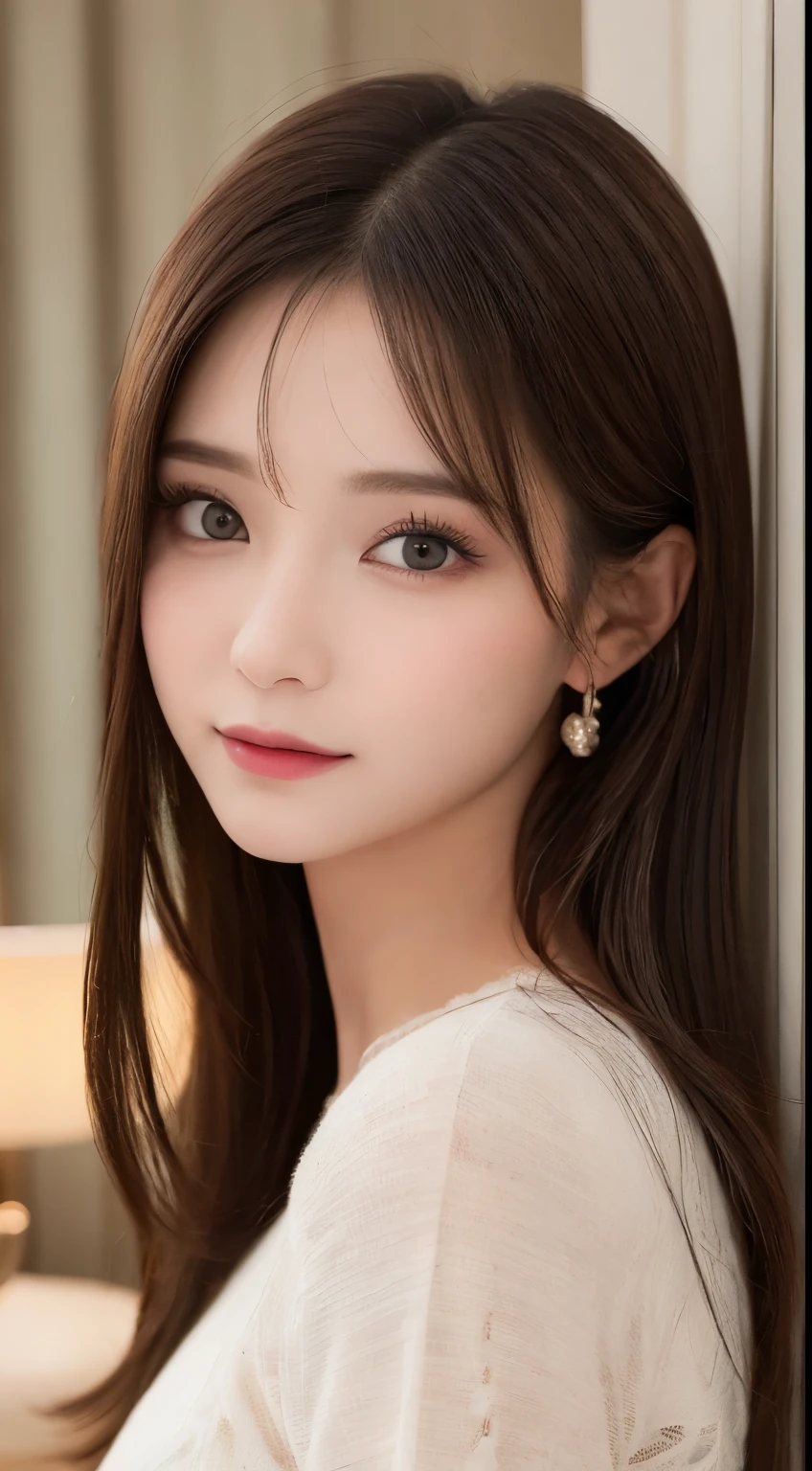 masutepiece, Best Quality, Illustration, Ultra-detailed, finely detail, hight resolution, 8K Wallpaper, Perfect dynamic composition, Beautiful detailed eyes, Gorgeous black fluffy Tokyo winter clothes,random cute hair,small tits,Natural Color Lip, Bold sexy poses,Smile、20 years girl、Cute、Sexy shot looking at camera,常にBlur the background,Perfect and beautiful face,Take only the face,beautiful and detailed face、slim face and style,Big eyes、Do gal makeup、Living room of luxury designer tower apartment、Blur the background、Cute hairstyles、pretty pose、Take a photo through the mirror,Blur the background,Blur the background