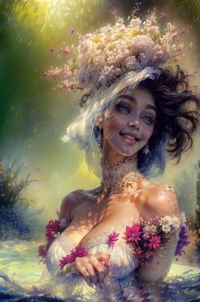 (highres, realistic:1.37), beautiful detailed eyes, beautiful detailed lips, longeyelashes, curvy figure, confident smile, elegant pose, vibrant colors, regency era, by norman lindsay, bokeh, oil painting style, soft lighting, romantic setting, blooming flowers, flowing dress, graceful movement, delicate features, alluring gaze