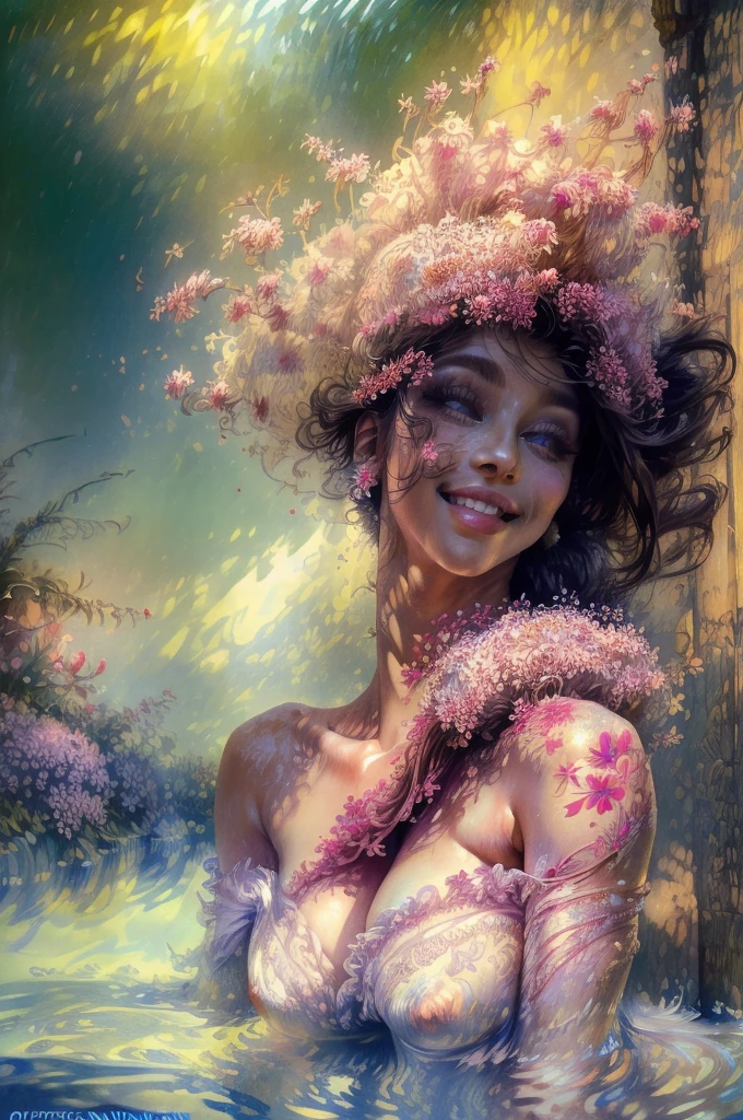 (highres, realistic:1.37), beautiful detailed eyes, beautiful detailed lips, longeyelashes, curvy figure, confident smile, elegant pose, vibrant colors, regency era, by norman lindsay, bokeh, oil painting style, soft lighting, romantic setting, blooming flowers, flowing dress, graceful movement, delicate features, alluring gaze