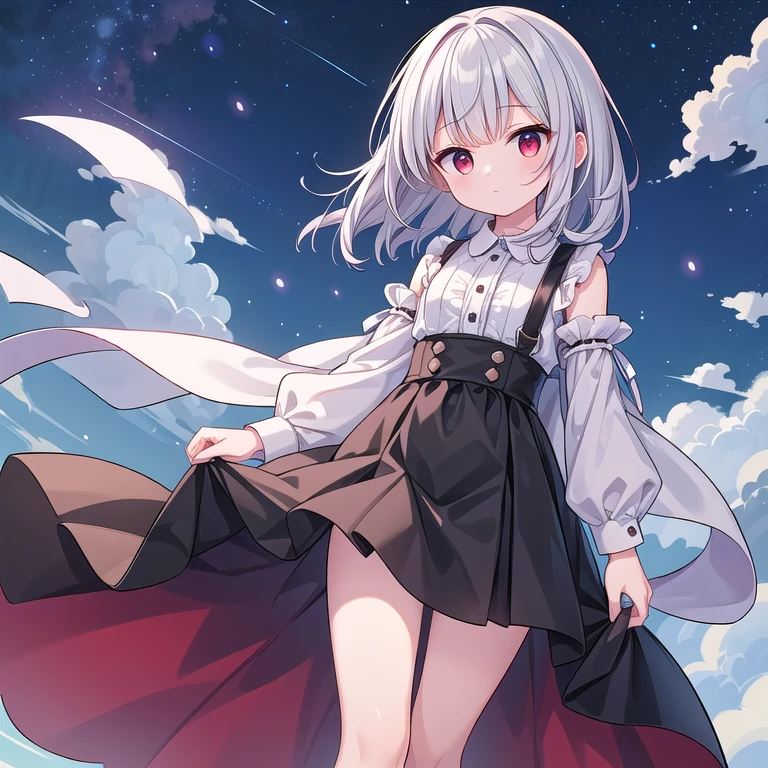 highest quality, perfect body, Delicate facial details, facial details, whole body, arm details，leg details，one human girl, alone, red eyes, droopy eyes, gray hair, straight hairstyle, pretty girl, dressed in black，No expression，night sky，midnight sky