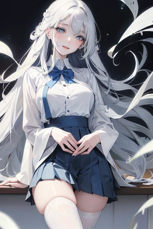 official art, masterpiece, sharp focueautiful gorgeous cute Korean woman:1.3), (beautiful cute korean:1.3), korean beauty, Delicate and beautiful hair and eyes and face, realistic, ultra detailed, beautiful girl, blue sky, glow white particle, (sidelighting:1.2), slender, Lovely, very large breasts and very large hips, ((smile with eyes, open both eyes)), scenery, long straight hair, sexy facial expression, dynamic hair, long straight hair, detailed platinum blond hair, glow blue eyes, (grey pleated skirt+ white shirt), white long socks, pale skin, school classroom