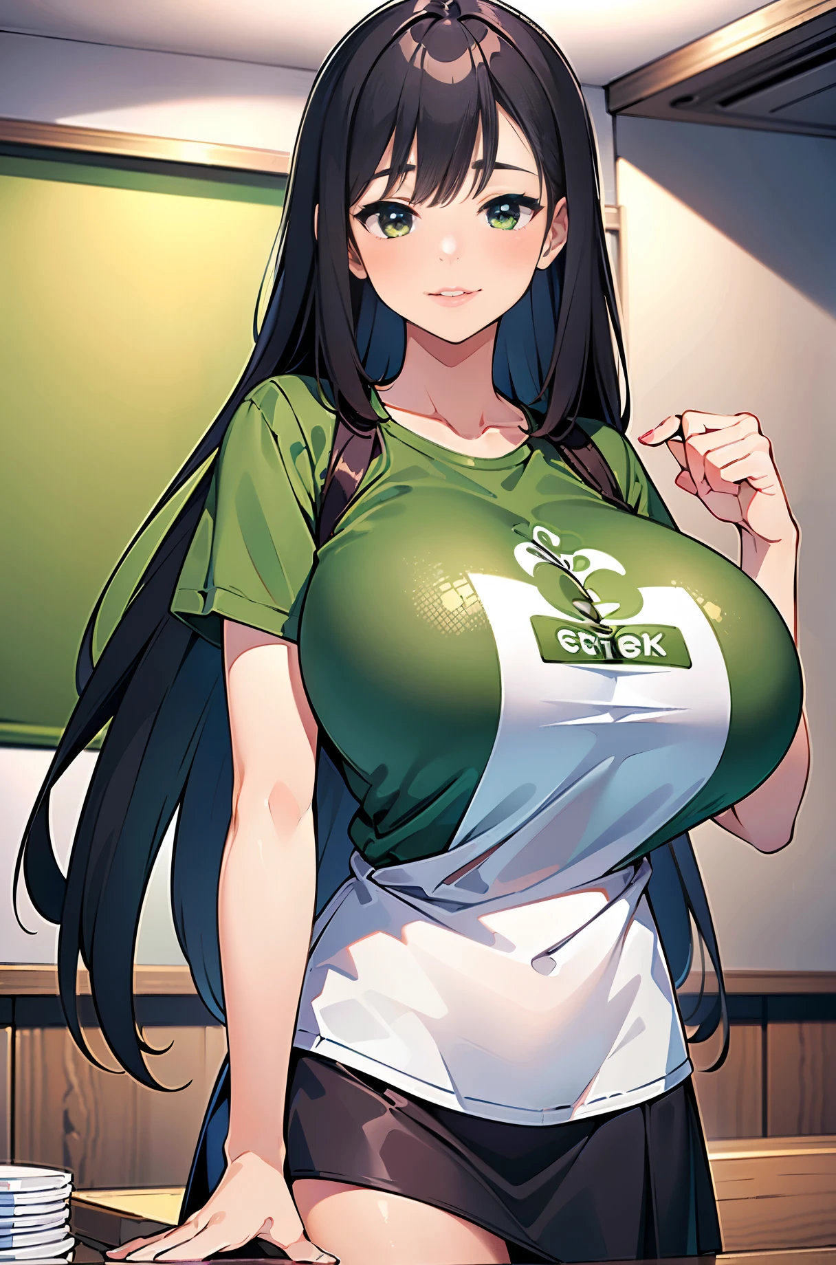 ((masterpiece, highest quality, very detailed, Extremely detailed, Detailed CG, 8k wallpaper)), 1 girl, cute, black hair, long hair, (huge breasts:1.2), (boob tent:1.1), green t-shirt, skirt, indoor rom front:1.2), restaurant, 