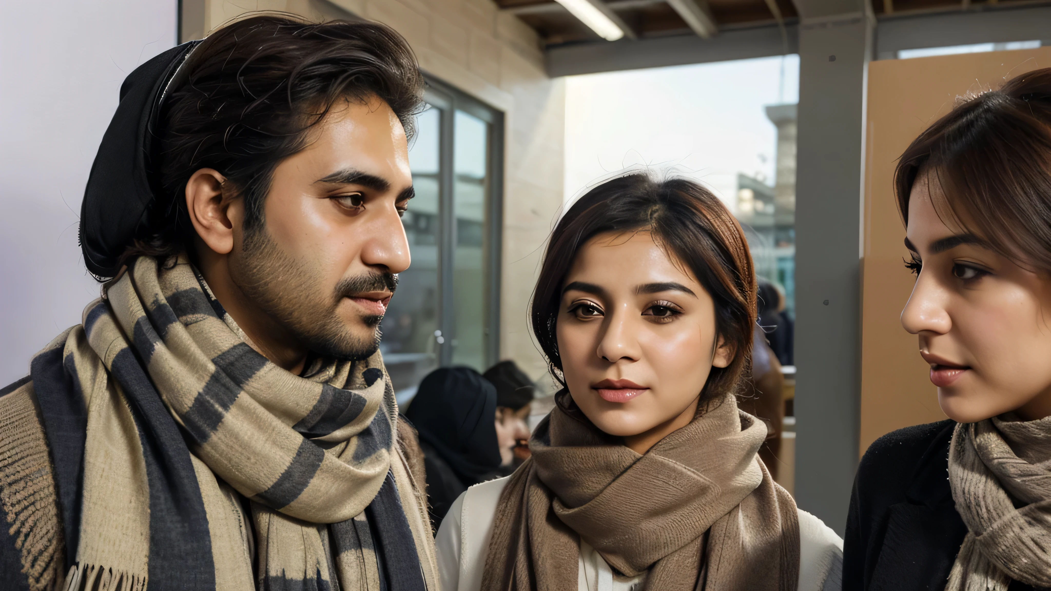 Iranian man And women whit Scarf conversation on packaging design studio office ((best quality)), ((masterpiece)), (detailed), perfect face