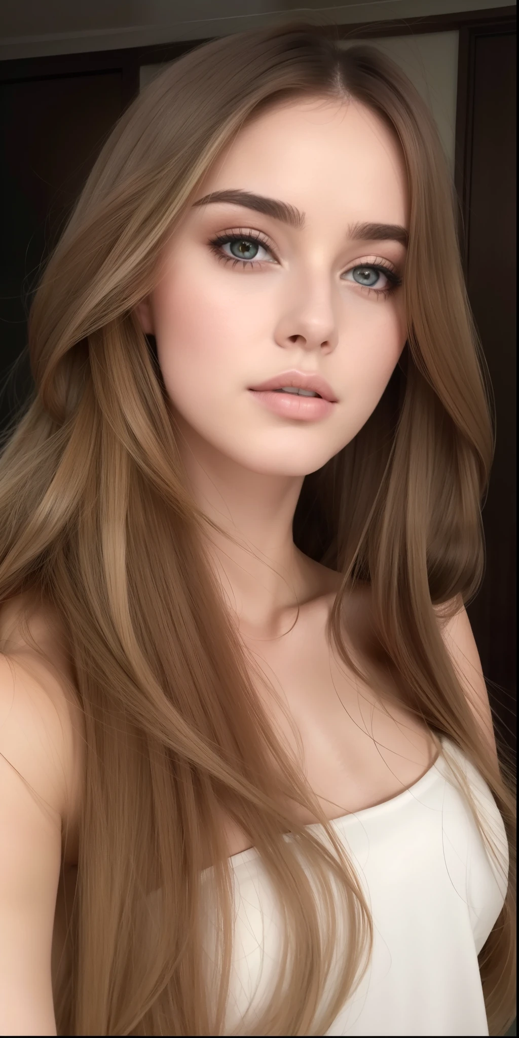 um close de uma mulher com longos cabelos castanhos e uma blusa branca, dilraba dilmurat, video tiktok, soft and flawless pale skin, 🤤 retrato de , rosto perfeito ), ela tem um rosto fofo, rosto extremamente lindo, Kailee Mandel, garota persa de pele clara, modelo do instagram, rosto sexy, natural soft pale skin, 🐿🍸🍋