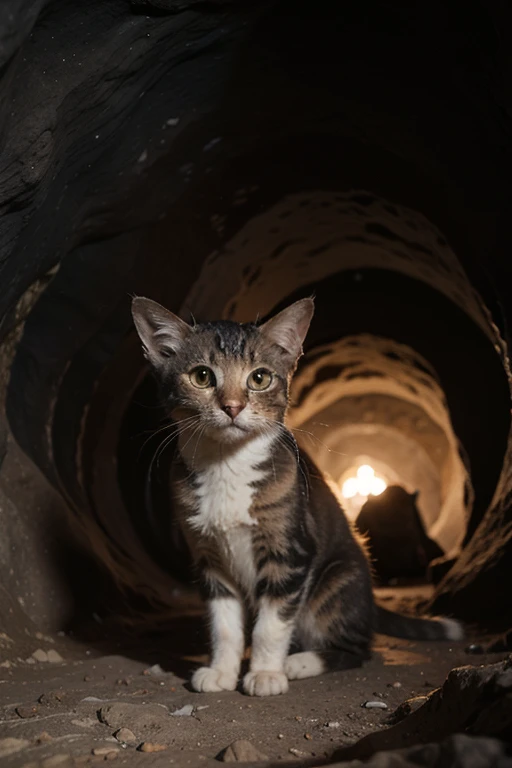 A realistic little cat in a cave with a caving hat