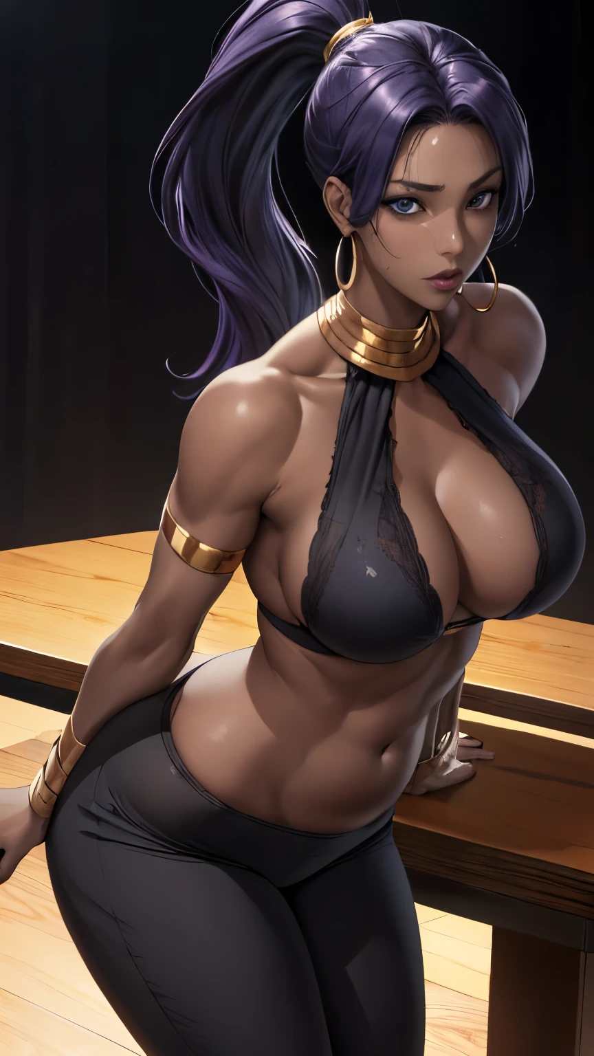 (table top, highest quality:1.2), 1 girl, alone,( dynamic angle,:1.1) mature, 100facehassan, destiny, (dark gray skin:1.2), blue eyes, long hair, purple hair, ponytail, big lips, blank expression, gold jewelry, big breasts, pants, Tight, belly button, abs, hoop earrings, halter neck, Dark background,  background、realistic, Plump buttocks, slender body, Tightウエスト, from low behind 5meters, lingerie sweat