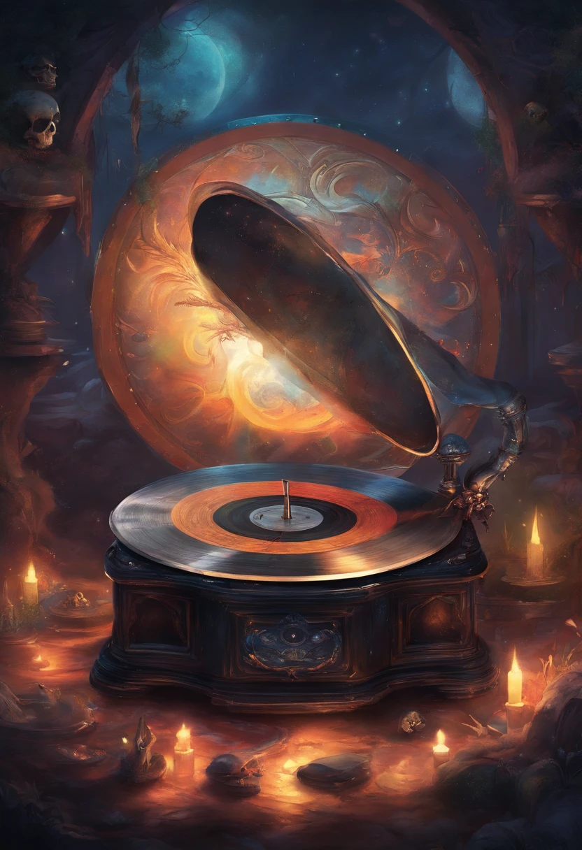 Vinyl record, skulls , realistic , dark, gramophone 