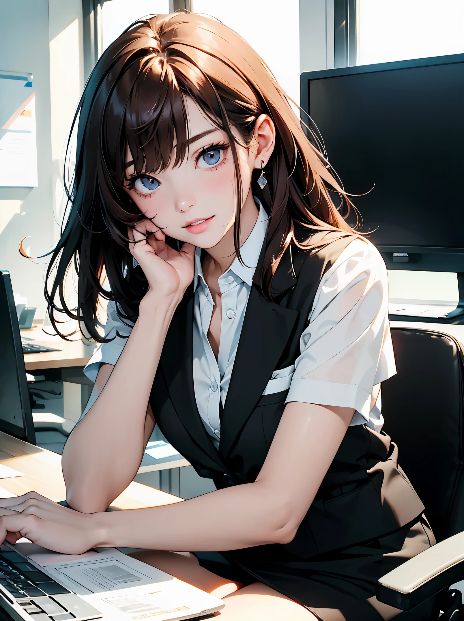 masterpiece、high resolution 8k、NSFW、sharp focus、contrast lighting、fine skin、pieces fly、 highest quality、ultra high resolution、ultra high resolution、Detailed CG、stock exchange、large office room、lots of big monitors、desk computer、transaction、document、stock、chart screen、Male office lady in horizontal focus、woman sitting on a chair、beautiful eyes、(detailed face and iace:1 2)、narrow eyes、almond eye、black eyes、Eye gradation eye highlight:1.2)、(bright reddish brown hair、middle、asymmetrical bangs)、(ID card、Blazers for office wear shortage、white cutter shirt、black pencil skirt、pumps)、(plump lips、gross、glossy lips、small chest size) 、(oval face : 1.4)、(thin fingered arms、detailed human hand)、smile half-open、teeth visible