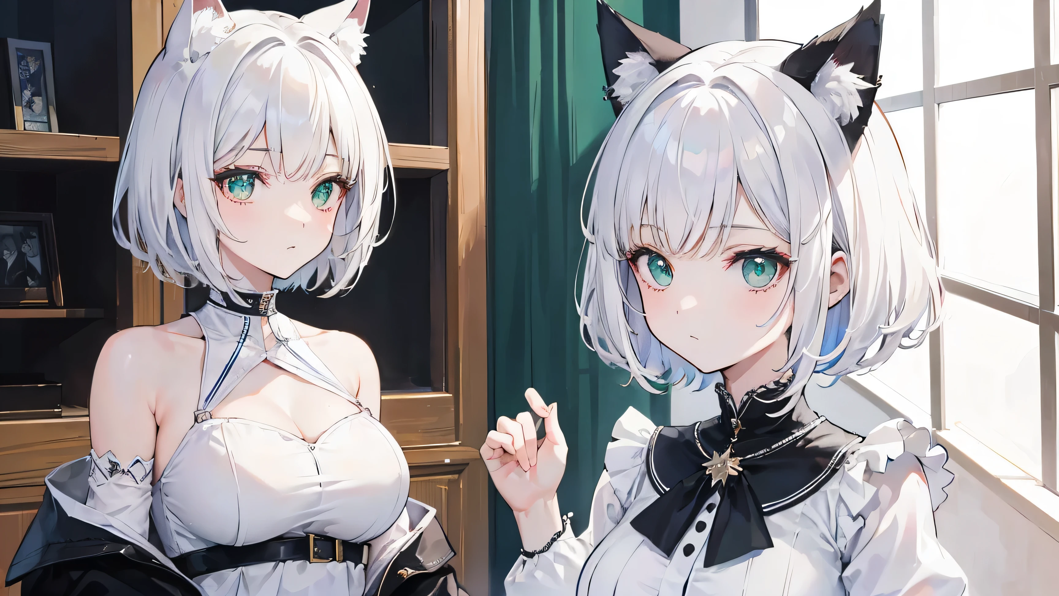 1woman, 1woman cat ears, mirando al espectador, pechos medianos, manos en las tetas, pelo color blanco, pelo corto, por el blanco, ojos verde