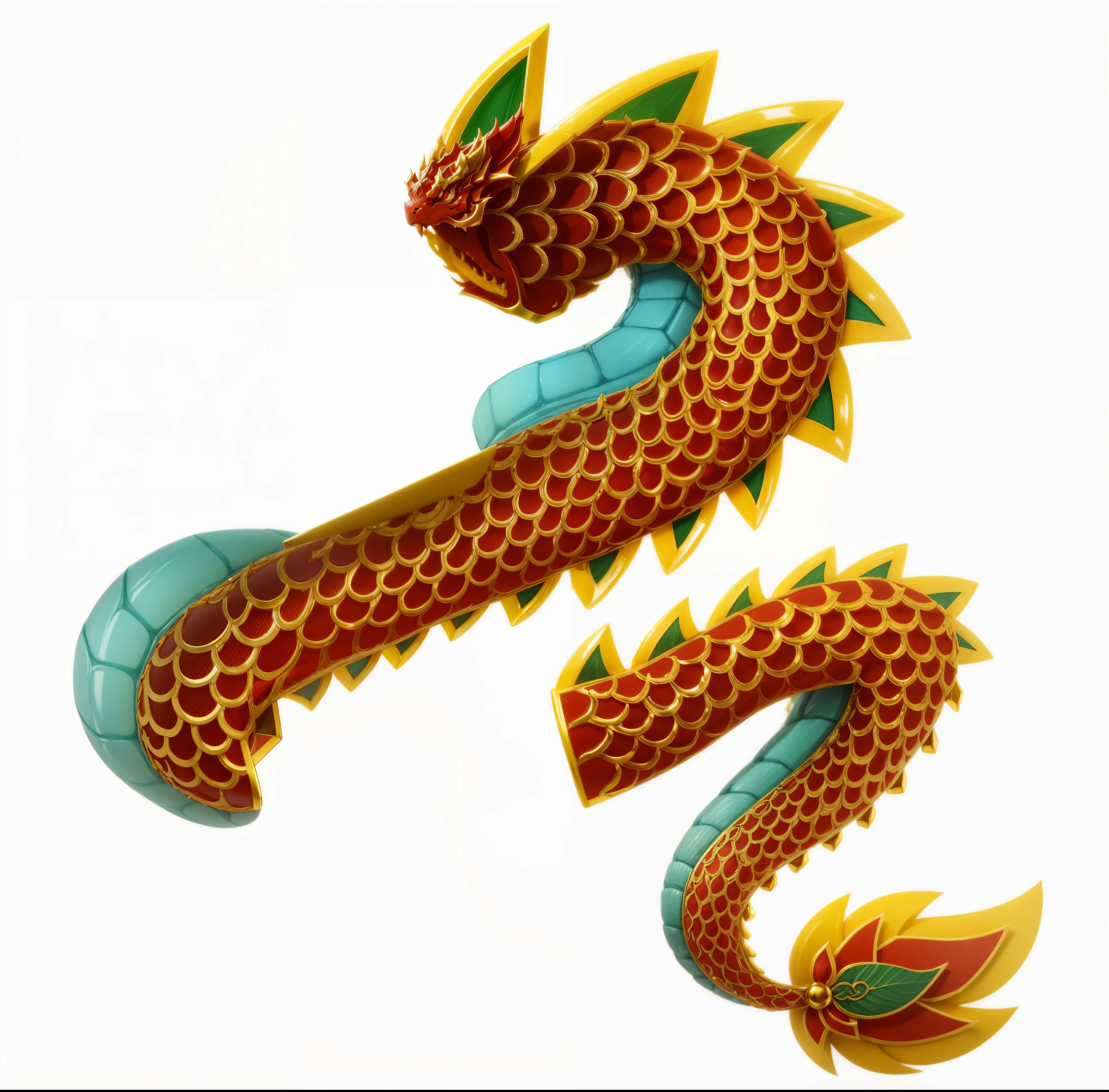  art,Chinese dragon body,cute,Red dragon scales inlaid with golden edges,Yelloreen back hair,蓝灰色mellow腹部,cute,Structured,8K,three-dimensional sense,mellow,Rich in details,cute,