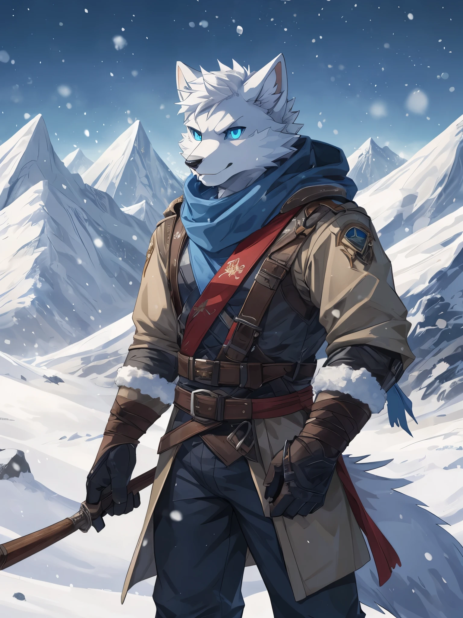 Masterpiece, A high resolution, 8K, 细节化Background with, High quality, (White fur, Blue sclera, Blue eyes, Fluffy fur, Detailed fur), Fluffy, With a torn blue triangular scarf, Masculine, Background with (snow mountains, Blizzard,The light dim), solo person,Arctic Fox Boy, Wearing a hunter's fur coat, Wear hunter pants, Wear hunter boots, Wear hunter gloves, holding a longbow, The expression fierce, With a serious expression.