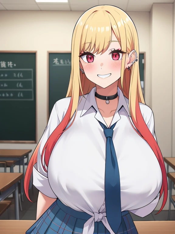 Masterpiece, Best quality, kitagawa marin, 1 girl, blonde hair, long hair, multicolored hair, Red eyes, Jewelry, earrings, piercing, school uniform, White shirt, Knotted shirt, Black necklace, Blue Tie, plaid skirt, in room, inside, cafes, desks, Coffee on the table, Smile, long eyelashes, blushes, gigantic breasts