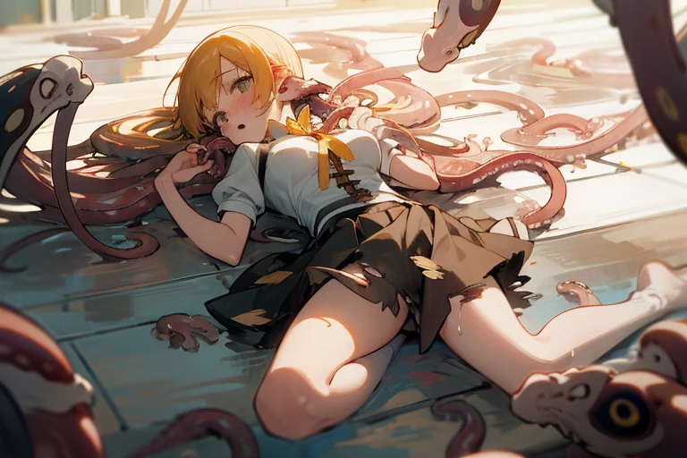 1 girl, solo, perfect anatomy, choked, tilt head, mami tomoe, masterpiece, best quality, highres, big breast, rolling eyes, tearing up, empty eyes, highlightless, moaning, :o, saliva, (skirt fluttering, white panties, torn clothes:1.3), (laying on tentacles:1.3), tearing up, dark atmosphere, Tyndall effect, 