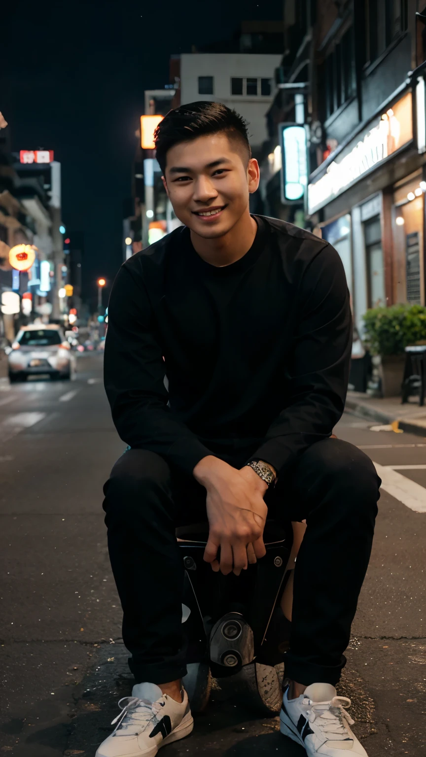 Asian man, 20 years old, smiling, sitting on a 250 cc Kawasaki Ninja motorbike, undercut hairstyle, short black shirt, black jeans, red sneakers, background on a city street, at night, filled with blur effect lights, HDR, ultra realistic ,4k,long shoot,full body.