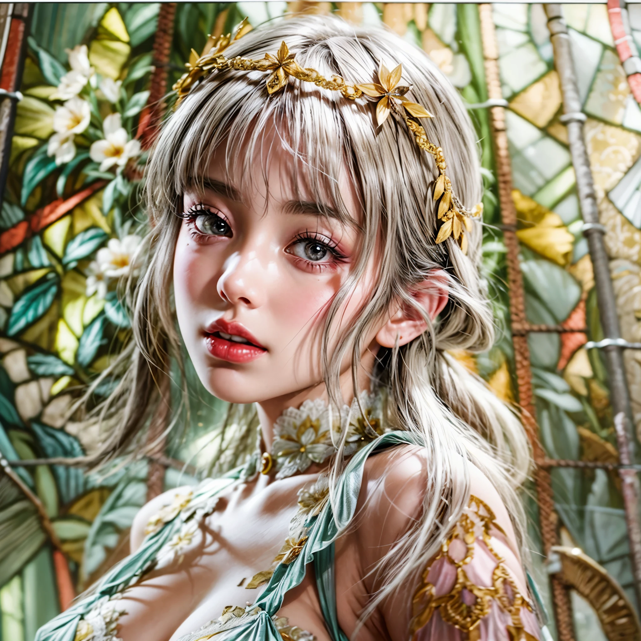 Sexy girl in ((WHITE)) and Delicate lace underwear, with Glossy RED lips, (Exposed:1.2), (nipple:-0.9), { closeup of Cute lips | Dynamic-angle }, ((Dazzling stained glass Background)), (( colorful Light shines through stunning elaborate stained glass:1.2)), vivid Red colors . ((Acutance:0.8, physically-based rendering)), (masterpiece:1.2), (ultra-detailed:1.35), (realistic, photorealistic, ((photo-realistic:1.37))with touch of rawness) . ((Renbutsu Misako)), (Extremely detailed KAWAII face variations, with Dynamic expressions), detailed eyes with sparkling highlights, captivating gaze, long eyelashes, subtle blush on the face, rosy cheeks, impeccable oiled ivory skin texture . { full of flowers covering girl's body | Mystic sight | haze | Light Particle | Lens Particle | Lens Flare | Dazzling angle's Halo | Overflowing sideboob } . ((( not Detailed fingers:-0.9))) .