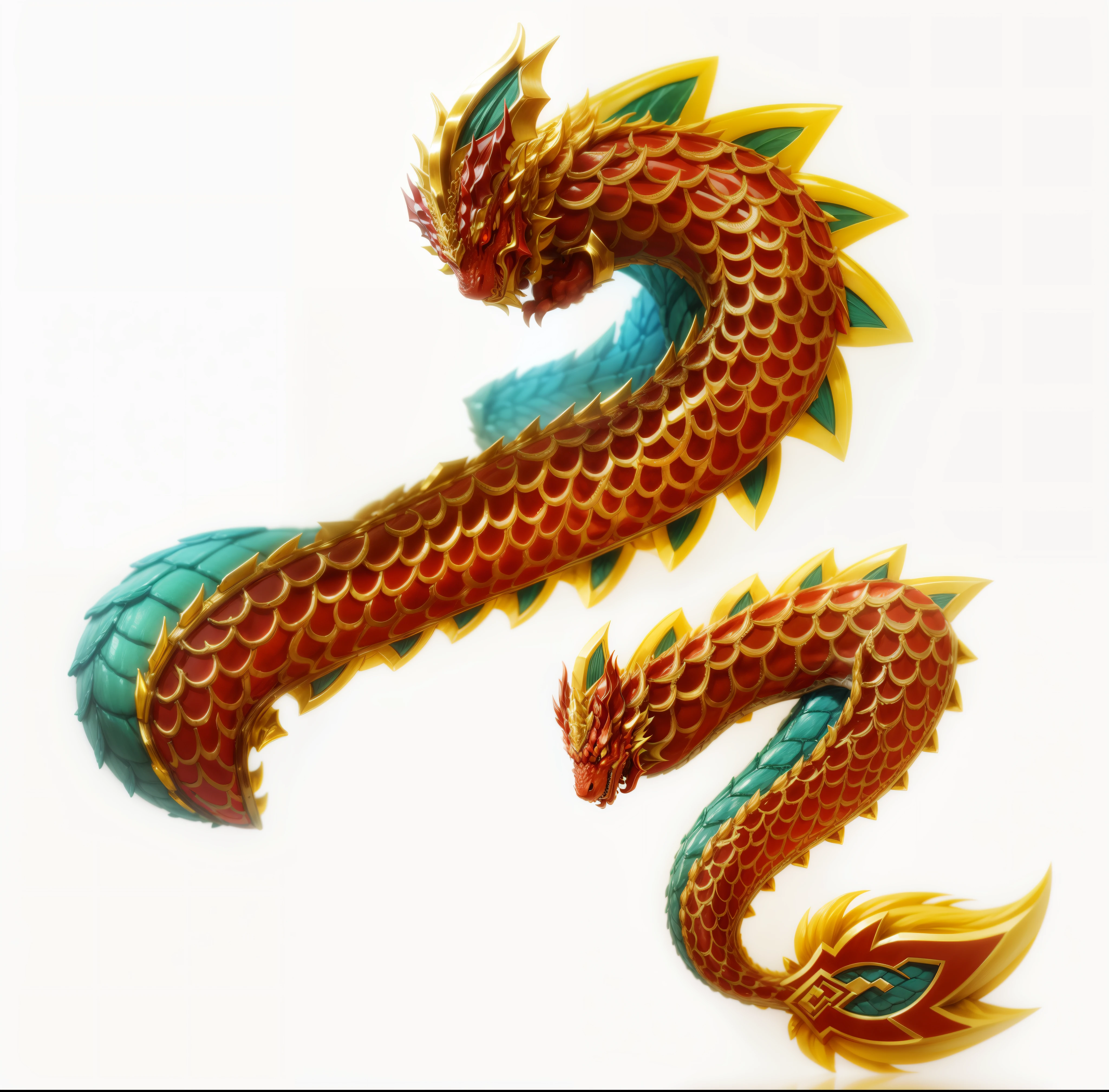  art,Chinese dragon body,cute,Red dragon scales inlaid with golden edges,Yelloreen back hair,蓝灰色mellow腹部,cute,Structured,8K,three-dimensional sense,mellow,Rich in details,cute,