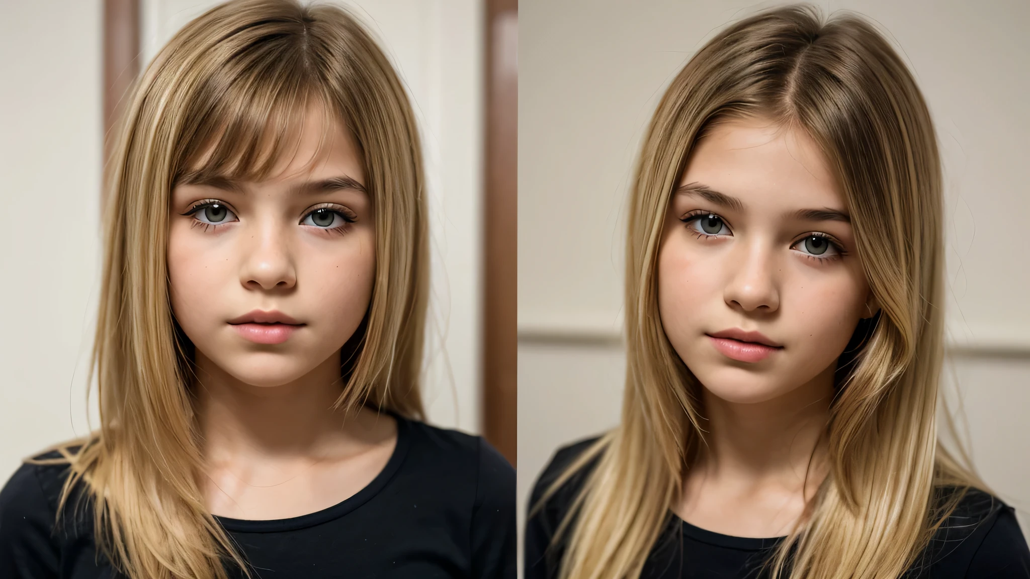 um close de uma menina loira com cabelos longos em uma jaqueta preta com uma luz azul no rosto