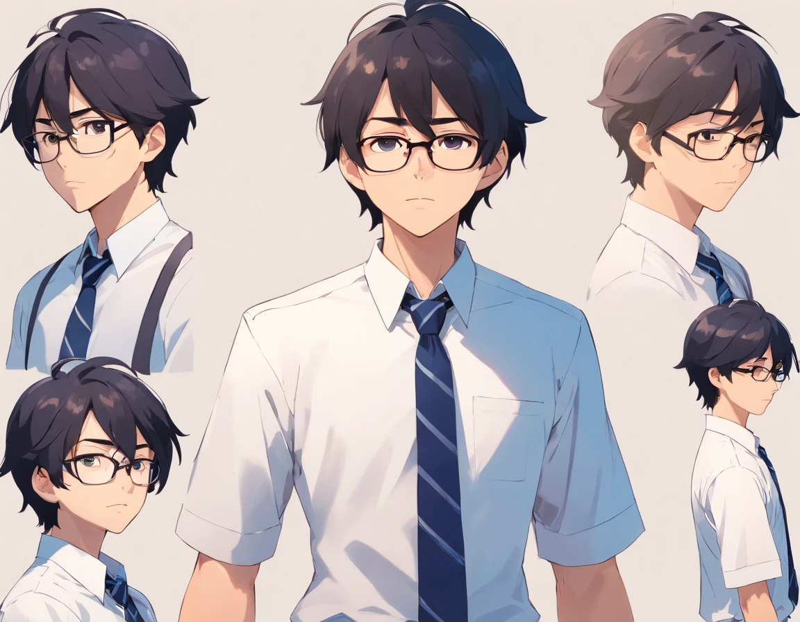 Man with black hair, wearing glasses, , character design sheet, various poses, front angle, wearing a white shirt，dark blue tie, character design sheet, various poses, front angle, background is white