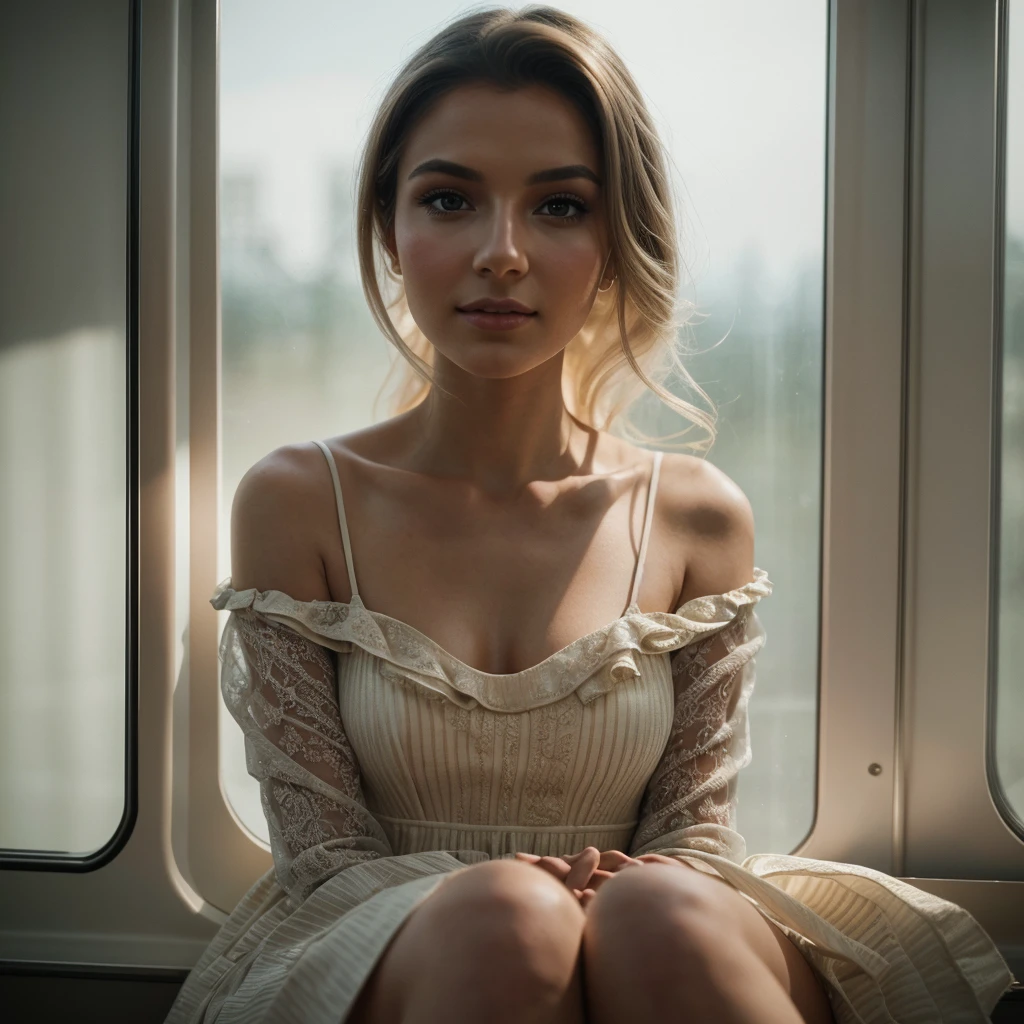 Best quality, Ultra detailed, Golden ratio, Masterpiece:1.2, Theatrical lighting: 0.7, Photo of a woman, woman named Nastya Rostova, dressed in a very elegant and pretty dress, Perfect face, (Highly detailed skin), randomly dyed hair, skin texture, Pale skin, shiny skin, Sharp focus on face, photorealistic, film grain, Put one foot forward, from below looking up, look at camera, Emphasize the shoulders, Focus on face, Smile with corners of mouth raised, summer haze, muted colors, muted warm colors, Photo cinematic portrait of a woman dressed in a striped dress sitting by the window in the early morning, cinematic, on an old train, standing under a spotlight, volumetric dust clouds, key light, backlight, soft natural lighting, photography Film grain ISO 400 30 mm lens RAW f1.8 aperture, highly detailed, analog photography: 1, colors hdr