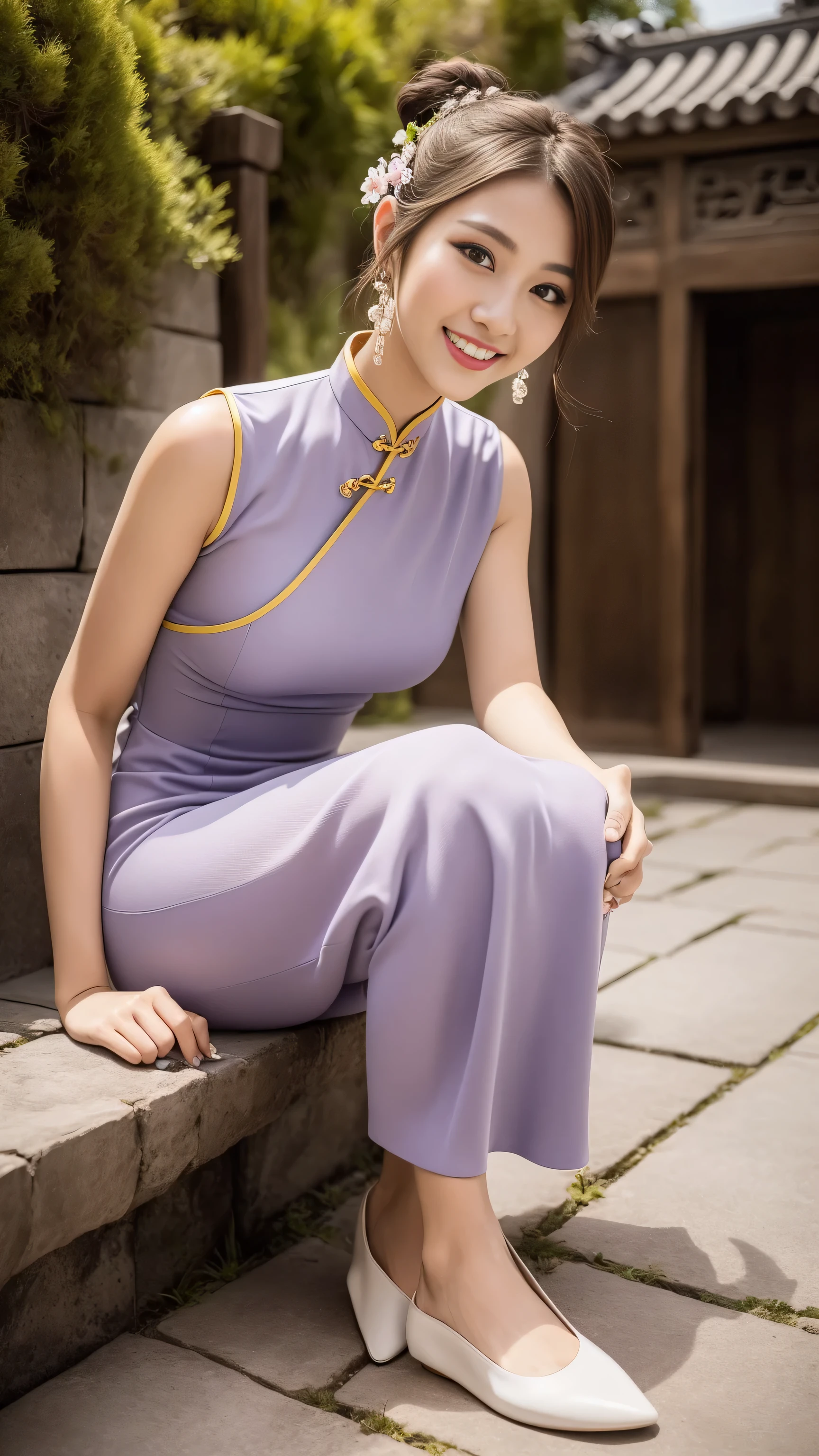 fashion model 18 years old， [[[[close up]]]], [[[[Rapeseed]]]], [[[[Shoulder]]]], perfect eyes, perfect iris，perfect lips，perfect teeth，perfect skin，White skin，high dynamic range，movie girl，(delicate face)，(Highly clear face)，((Lilac Chinese cheongsam)))，(((Ancient Chinese women&#39;s hairstyle)))，((()))，((()))，（(((Ancient Chinese courtyard in the background)))，((legs apart))，(Lush green flowers blooming)，((A smile of excitement and satisfaction on his face))，((charming expression))，((looking at the audience))，4k ultra high definition, ultra high resolution, (realistically: 1.4), best quality，masterpiece，（pastel colors：1.2)