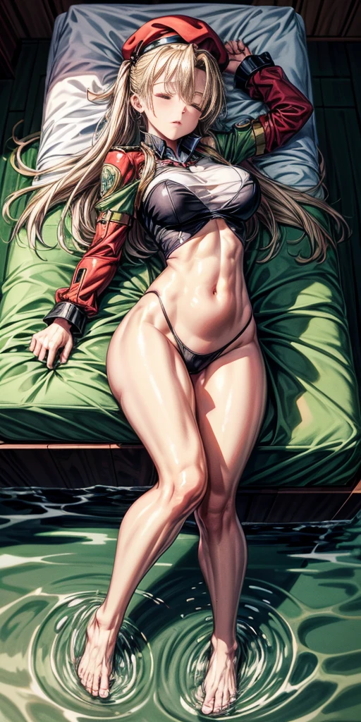 full-body close-up, create an elegant atmosphere), barefoot on water, sleeping on waterbed ((top-quality)), cammy, Olive Drab leotard, Red beret, Beautiful skins, Beautiful belly, hips up, sweet,
