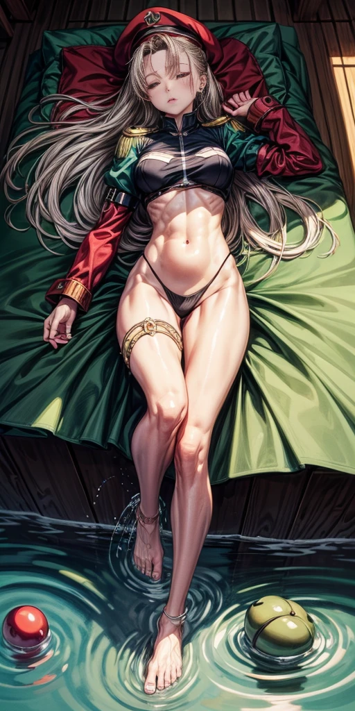 full-body close-up, create an elegant atmosphere), barefoot on water, sleeping on waterbed ((top-quality)), cammy, Olive Drab leotard, Red beret, Beautiful skins, Beautiful belly, hips up, sweet,