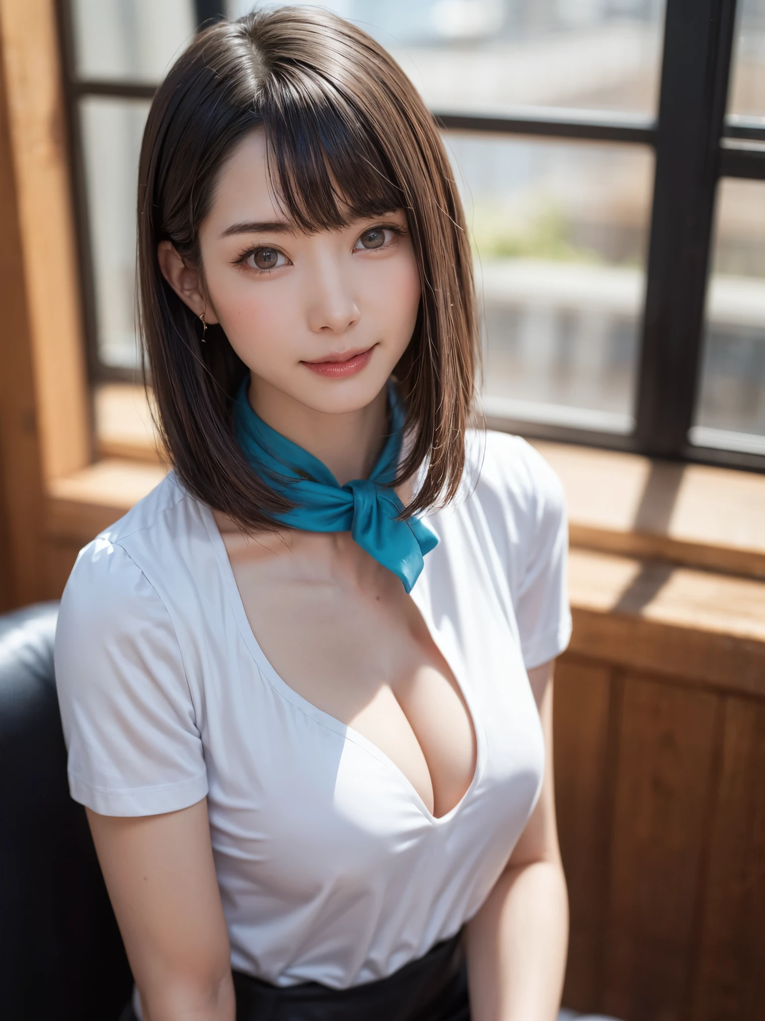 (table top, highest quality、high detail:1.4、very attractive beauty、Add intense highlights to your eyes、Please look closely at the camera:1.4、Beautiful woman full of charm、ideal body proportions、perfect anatomy、brunette short bob hair、shiny hair、bangs:1.4、光沢のあるbangs:1.4、lip gloss),1 girl, Report, light brown shiny hair, Scarf,realistic, looking at the viewer、tilt your head a little, bright colored crystal light blue eyes, short and shiny hair、 chest中央に穴の開いた白いタートルネックの衣装,chestの真ん中に丸い穴のあるセクシーな白いタートルネック ニット セーター、 lips, lip gloss, upper body、Big eyes、eyelash、face is a little red、embarrassing)、((italian road in winter))、((short hair with Big eyess、Give students very strong highlights、{huge|big|hugeな|mega} chest:1.6、very bigger chest、look at the viewer、very beautiful beauty、Please show your ears、long neck、smile、smile、Happy、beautiful teeth、口を開いてsmile、heart-shaped eyes))、28 years old、very cute super model、