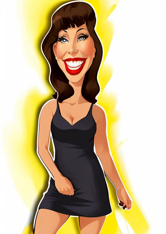 cartoon woman in black dress with red lips and a smile, charicature, in cartoon style, caricature style, cartoon portrait, caricature illustration, cartoon digital art, caricatural, caricature!!!, cartoon artstyle, cartoonish, cel shaded:15, digital art cartoon, cel shaded!!!, full color digital illustration, !!full body portrait!!, cartoon art
