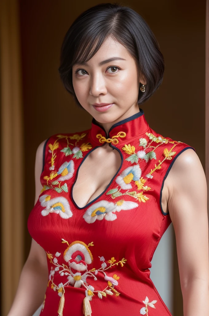best quality, High resolution, Hires, skin definition, detailed skin, detailed eyes, detailed face, 4K, 日本人mature woman, ((solo)), (((50 years old))), (wrinkles at the corners of the eyes:1.4), (nasolabial folds:1.4), mature woman, sex appeal, sexy, fair skin, ((Wavy Shorthair)), Looking at viewer,(((old skin:1.1))), ((loose muscles:1.1)), (((very large breasts:1.28))), ((loose breasts)), (flaccid butt), ((japanese model)), 4K, (photoReality:1.5), Reality, ticker, Beautiful, Bimbo, Perfect makeup, eye make up:1.5, earrings, (((shiny blue cheongsam dress, sexyドレス, delicate embroidered dress, with slits:1.5))), smile, Public place,full body photo,