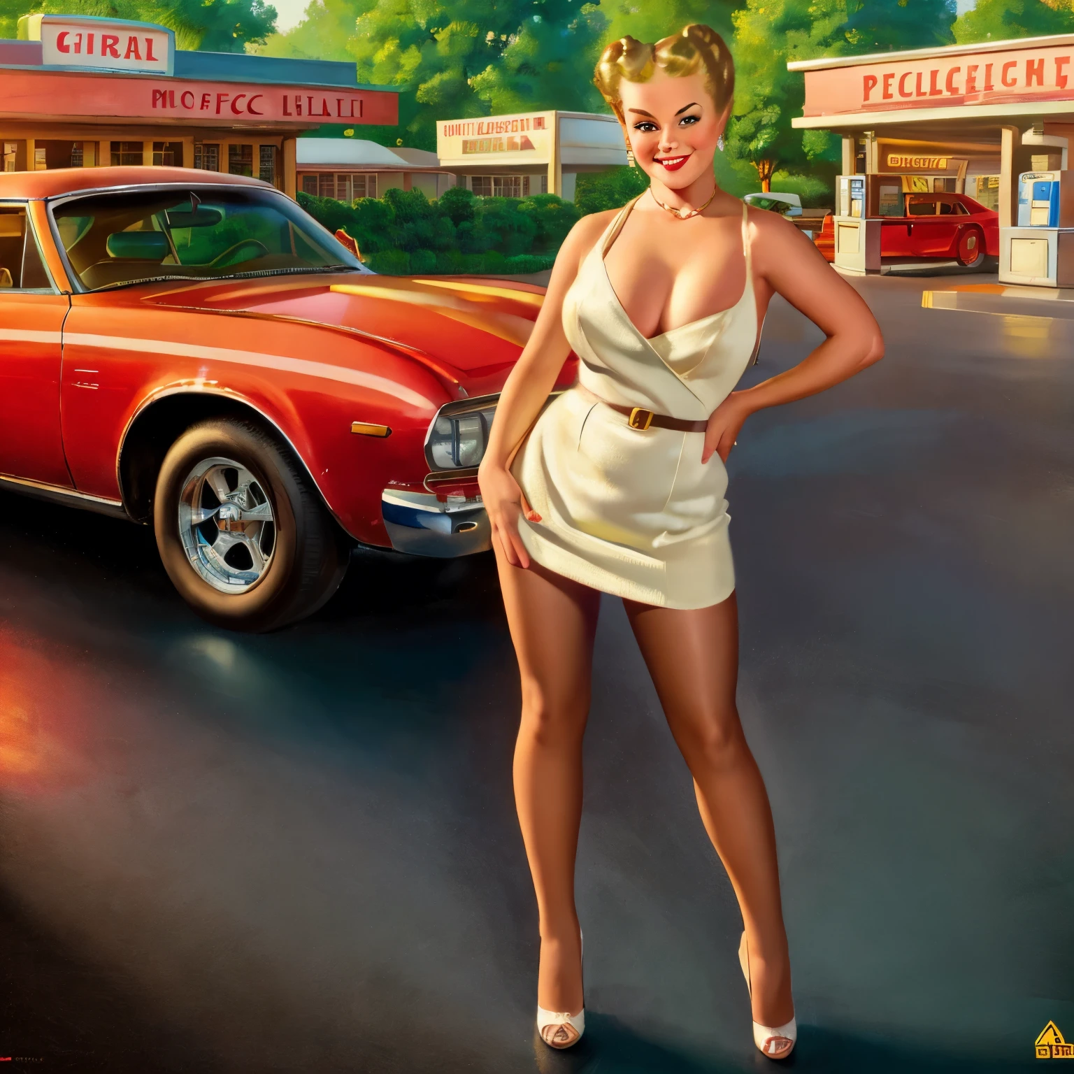 nsfw, photorealistic, beautiful face, (masterpiece:1.4), (best quality:1.4), extremely detailed, hyper-detailed, soft lighting, 38 years old pin-up woman standing at a red retro car,  big breasts, hard nipples, short blonde hairbun, shaved pubic area, (perfect_face), dressed in a short semitransparent white dress, high heels , golden jewellery, intricate, 4k, detailed_background,  full_body, realistic, 8k, sexy, very cheeky smile, very challenging facial expression, at a gas station