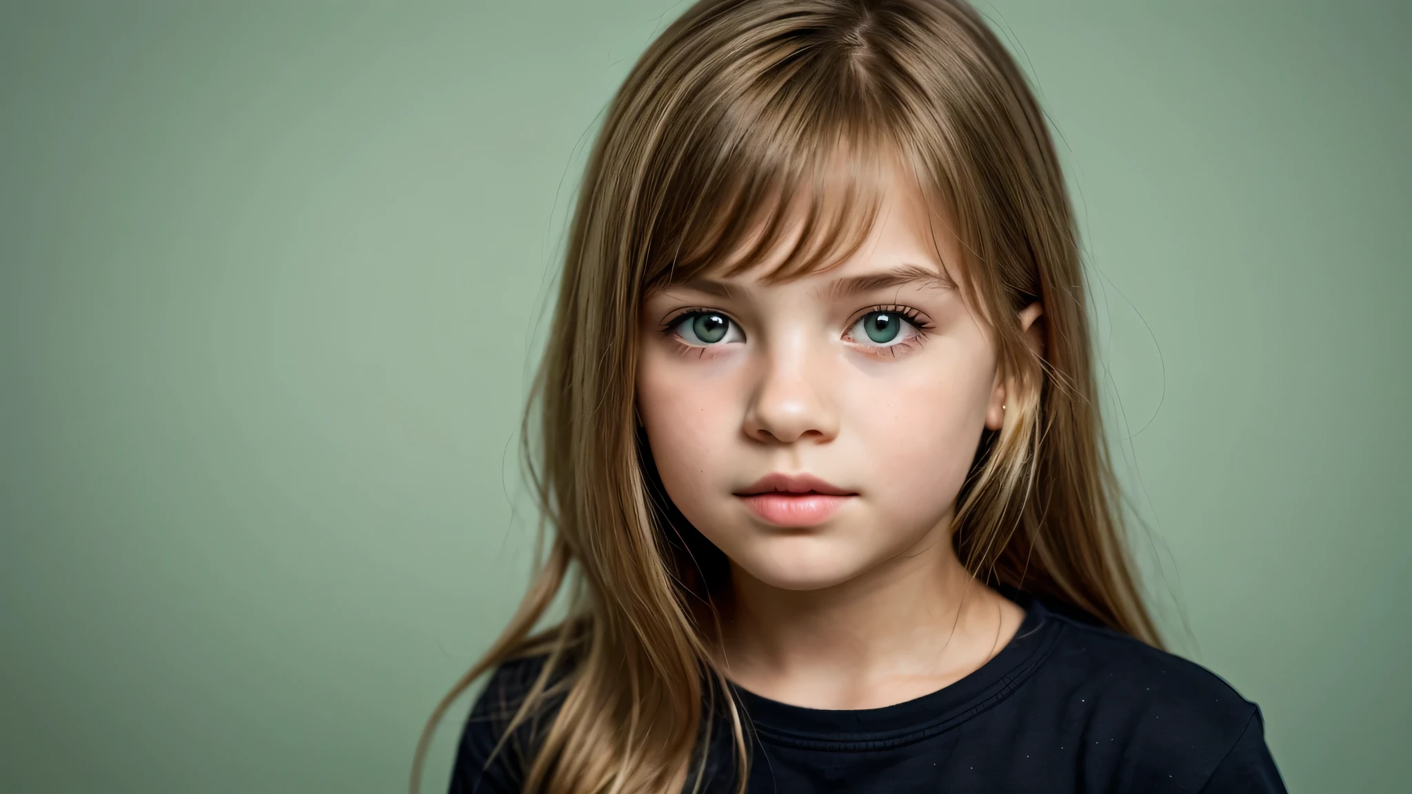  girl 12 yeblonde g, com franja no cabelo. green background.