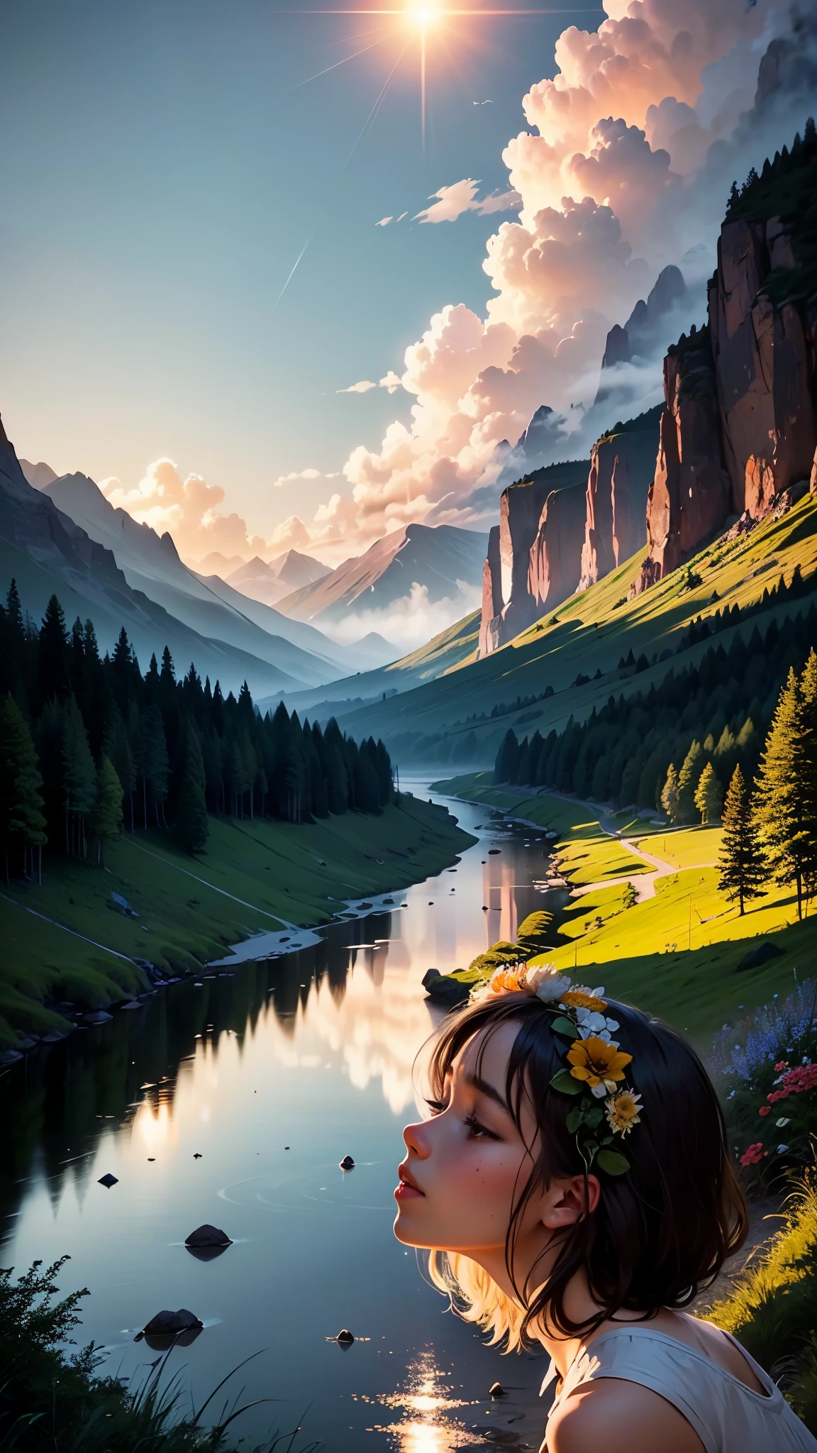 Imagine an unforgettable landscape that reveals the beauty and grandeur of God in every detail. It a setting that transcends human understanding, where nature unites in harmony to create a divine masterpiece. In this landscape, you find yourself before majestic mountains, which rise towering towards the sky. Its heights seem to touch the clouds, while its slopes display lush vegetation, a tapestry of green hues and colorful blooming. In the valleys below, clear rivers flow serenely, reflecting the sunlight that shines brightly in the sky. Water crystal clear, as if it were a mirror that reveals the purity and life it carries. On its banks, leafy trees offer shade and shelter to a wide variety of animals and birds, which seem to dance in harmony with nature. On the horizon, the sun sets in a divine spectacle. The golden, orange and pink colors paint the sky in a true celestial picture. It as if God pouring out His color palette on the world, creating a spectacle of light and beauty that impossible to replicate. As you contemplate this magnificent landscape, you feel God's presence in a deep and comforting way. The grandeur of divine creation evident in every detail of the landscape. Every mountain, every river, every ray of sunshine a testimony to the power and beauty of God. In this landscape that shows the beauty of God, you feel small before the vastness and perfection of creation. It an invitation to marvel at the divine work, to give thanks for the wonders of nature, and to feel connected to the divine. It a reminder that God present in all things, in the beauty of nature and in the depth of our hearts.