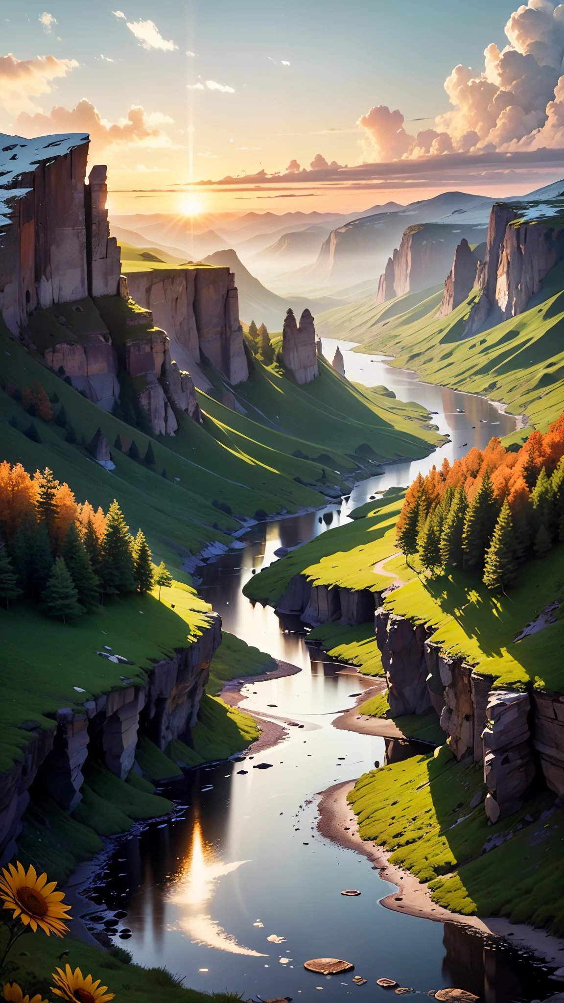 Imagine an unforgettable landscape that reveals the beauty and grandeur of God in every detail. It a setting that transcends human understanding, where nature unites in harmony to create a divine masterpiece. In this landscape, you find yourself before majestic mountains, which rise towering towards the sky. Its heights seem to touch the clouds, while its slopes display lush vegetation, a tapestry of green hues and colorful blooming. In the valleys below, clear rivers flow serenely, reflecting the sunlight that shines brightly in the sky. Water crystal clear, as if it were a mirror that reveals the purity and life it carries. On its banks, leafy trees offer shade and shelter to a wide variety of animals and birds, which seem to dance in harmony with nature. On the horizon, the sun sets in a divine spectacle. The golden, orange and pink colors paint the sky in a true celestial picture. It as if God pouring out His color palette on the world, creating a spectacle of light and beauty that impossible to replicate. As you contemplate this magnificent landscape, you feel God's presence in a deep and comforting way. The grandeur of divine creation evident in every detail of the landscape. Every mountain, every river, every ray of sunshine a testimony to the power and beauty of God. In this landscape that shows the beauty of God, you feel small before the vastness and perfection of creation. It an invitation to marvel at the divine work, to give thanks for the wonders of nature, and to feel connected to the divine. It a reminder that God present in all things, in the beauty of nature and in the depth of our hearts.