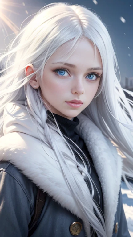 best qualtiy, tmasterpiece, White hair, eBlue eyes, A girl, Realistis, Floating hair, Snowy,, Detailed face, winter, Sunshine