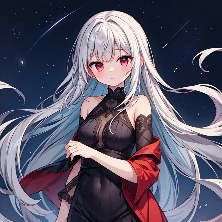 highest quality, perfect body, Delicate facial details, facial details, whole body, arm details,leg details,one human girl, alone, red eyes, droopy eyes, gray hair, straight hairstyle, pretty girl, unrevealing clothes,dressed in black,No expression,Dark night sky,midnight sky