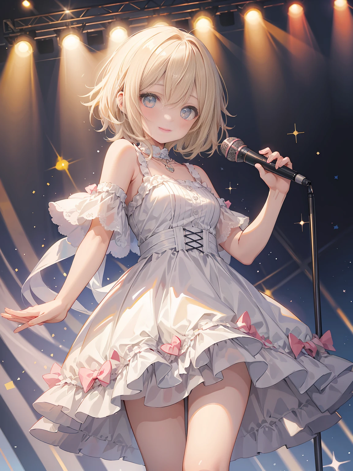 masterpiece, highest quality, highest resolution、excellent anatomy、three girls, short hair, pastel colour、idol type、hold the microphone with both hands、cute dress、sparkling eyes、a smile that charms you、Spotlight、glitter stage.