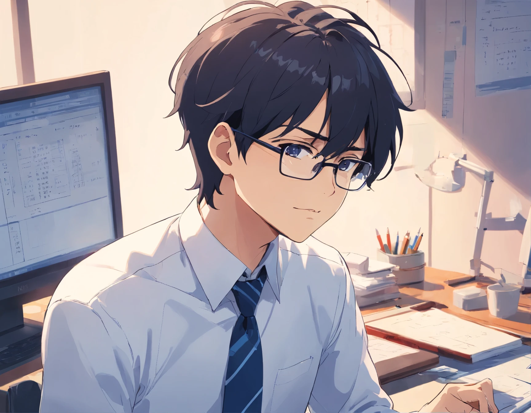 Man with black hair, wearing glasses, , character design sheet, various poses, front angle, color々Facial expressions, wearing a white shirt，Dark blue tie, character design sheet, various poses, front angle, background is white