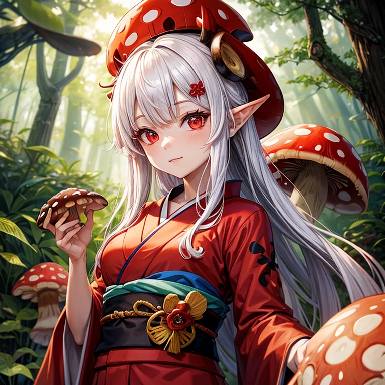 Beautiful Oni Girl wearing a Red kimono with Red eyes and white hair and a mushroom hat on her head with a forest background with mushrooms in it