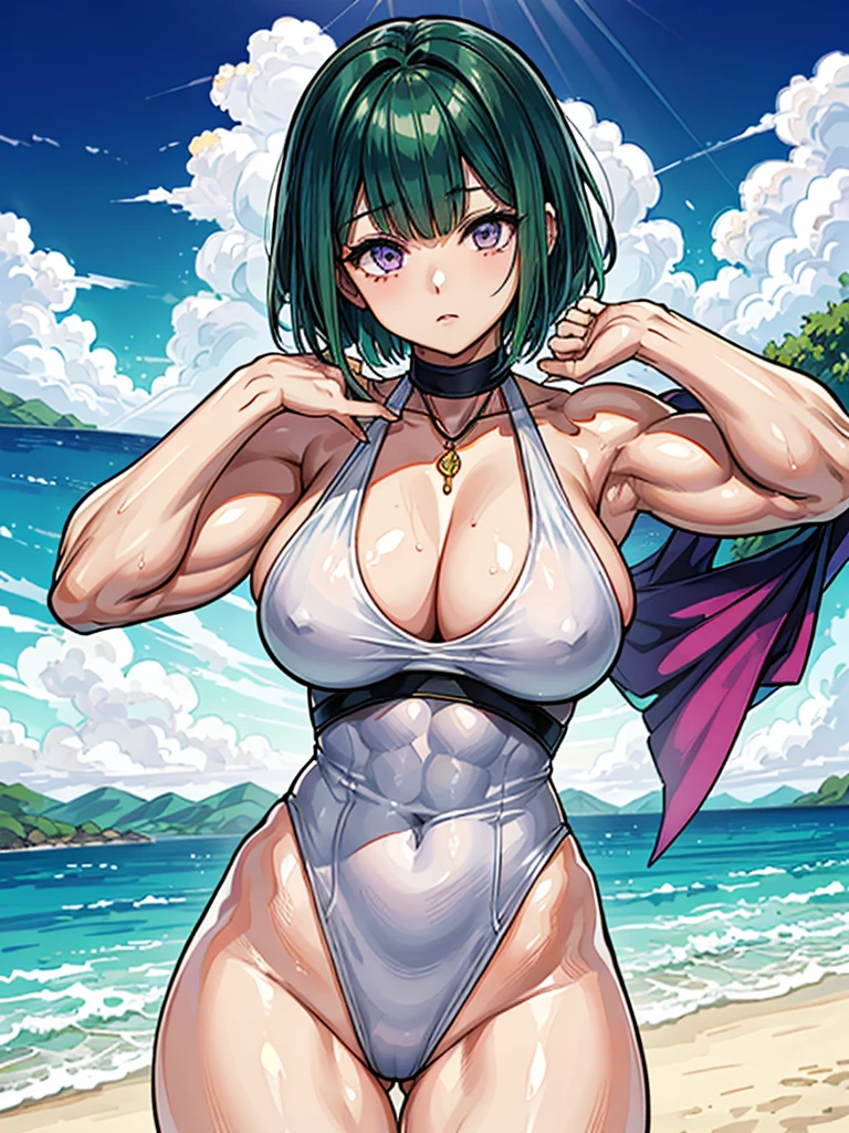 (((masterpiece、Highest image quality、highest quality、highly detailed unity 8kwallpaper)))、((Illustration of one girl))、(((beautiful girl)))、((green hair、very short hair、sidelocks、purple eyes))、(stocky build, thickset physique, muscular legs, broad shoulders, solid chest)、white swimsuit、sandy beach
