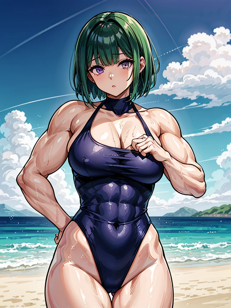 （（（masterpiece、Highest image quality、highest quality、highly detailed unity 8ｋwallpaper）））、（（Illustration of one girl））、（（（beautiful girl）））、（（green hair、very short hair、sidelocks、purple eyes））、（stocky build, thickset physique, muscular legs, broad shoulders, solid chest）、white swimsuit、sandy beach